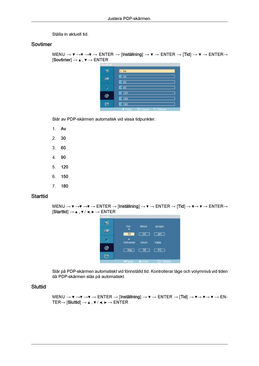 Samsung PH63KPFLBF/EN, PH50KPFLBF/EN manual Sovtimer, Starttid, Sluttid 