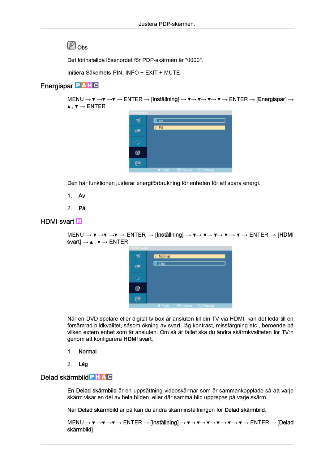 Samsung PH63KPFLBF/EN, PH50KPFLBF/EN manual Energispar, Hdmi svart, Delad skärmbild, Normal Låg 