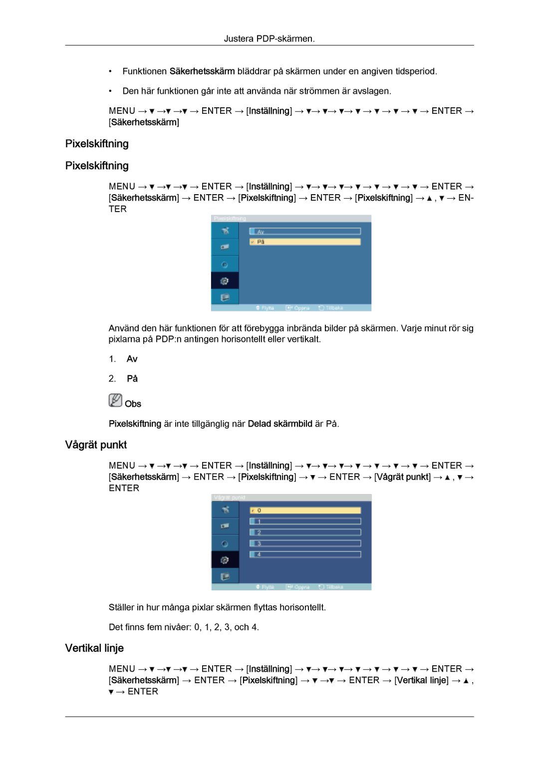 Samsung PH50KPFLBF/EN, PH63KPFLBF/EN manual Pixelskiftning, Vågrät punkt, Vertikal linje, Säkerhetsskärm 