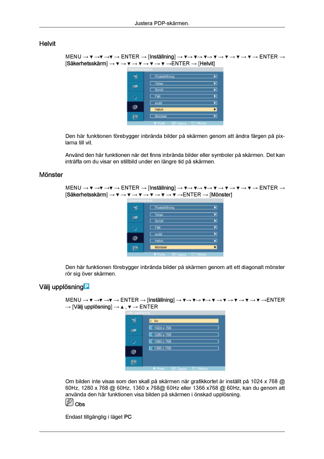 Samsung PH50KPFLBF/EN, PH63KPFLBF/EN manual Helvit, Mönster, → Välj upplösning → , → Enter 