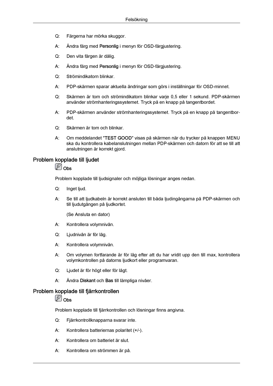 Samsung PH63KPFLBF/EN, PH50KPFLBF/EN manual Problem kopplade till ljudet, Problem kopplade till fjärrkontrollen 