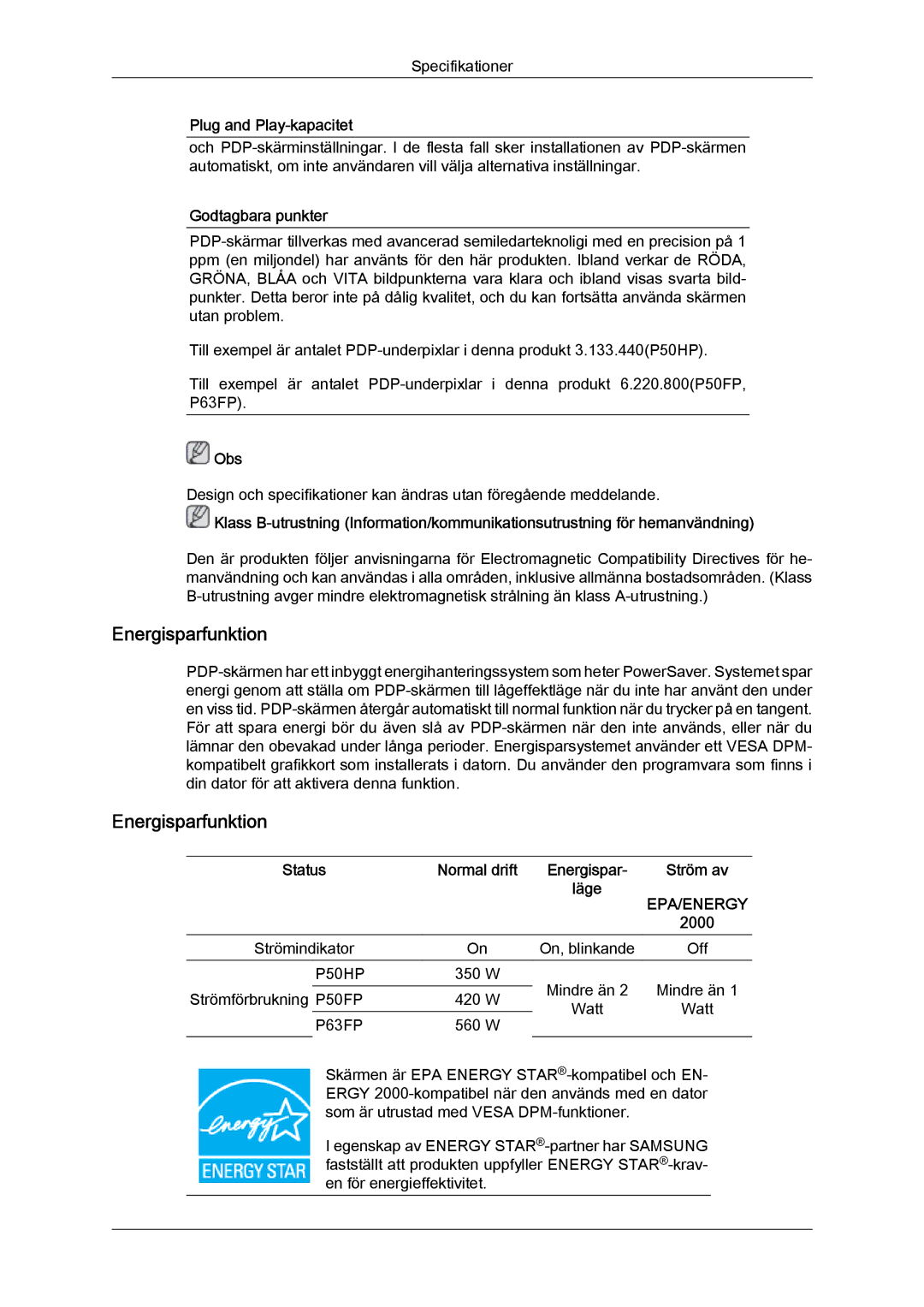 Samsung PH50KPFLBF/EN, PH63KPFLBF/EN manual Energisparfunktion, Godtagbara punkter 