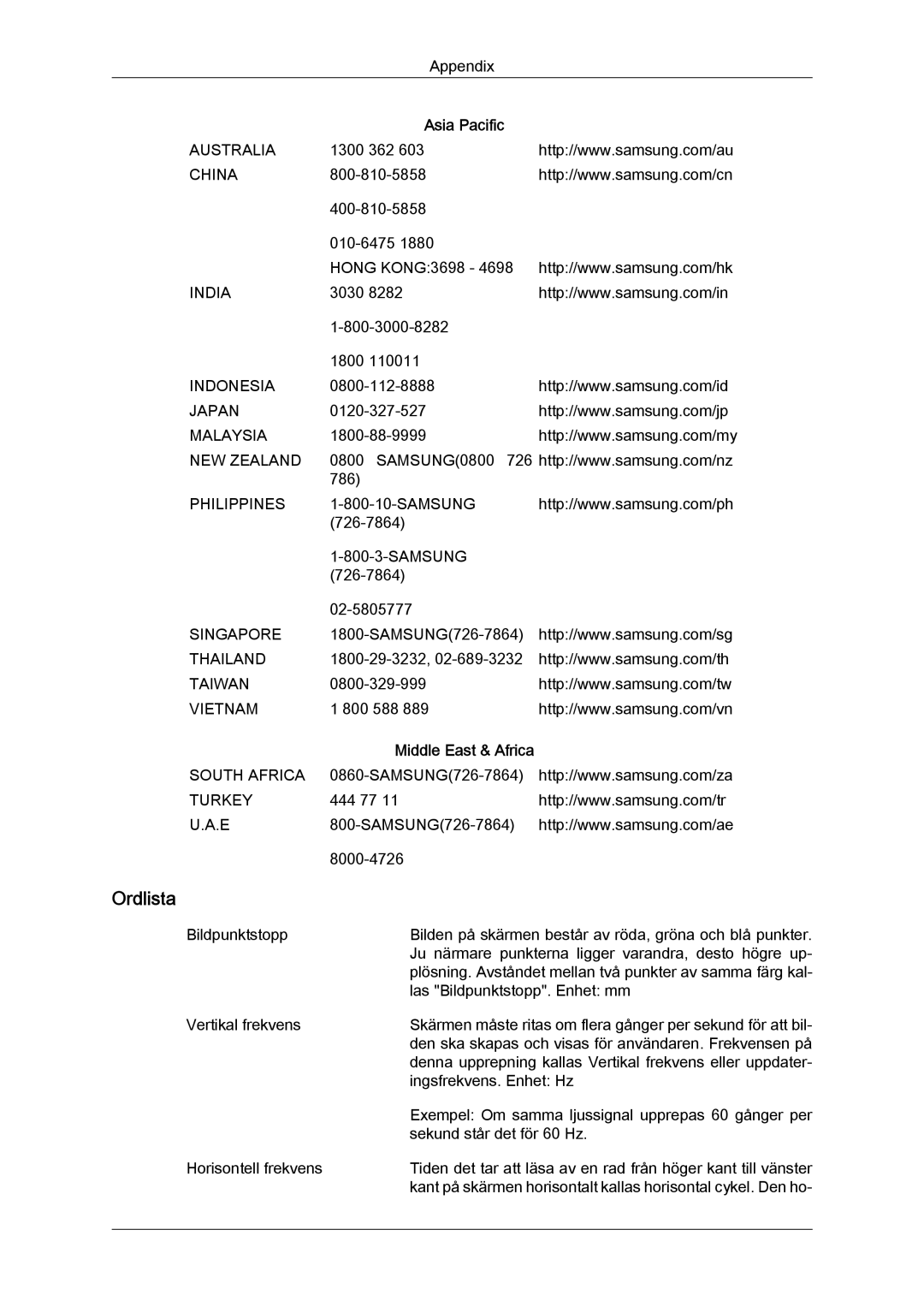 Samsung PH50KPFLBF/EN, PH63KPFLBF/EN manual Ordlista 