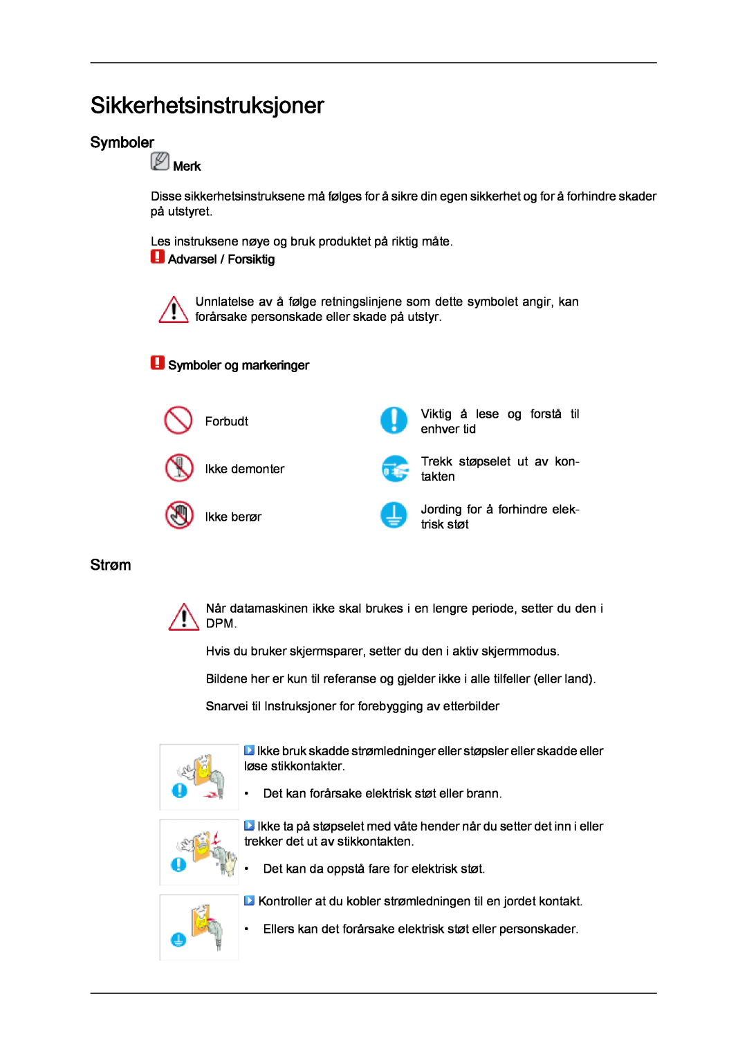 Samsung PH63KPFLBF/EN manual Sikkerhetsinstruksjoner, Strøm, Merk, Advarsel / Forsiktig, Symboler og markeringer 