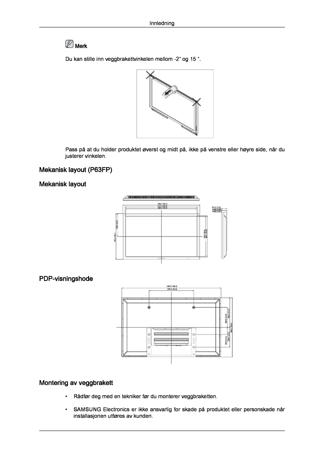 Samsung PH50KPFLBF/EN manual Mekanisk layout P63FP Mekanisk layout PDP-visningshode, Montering av veggbrakett, Merk 