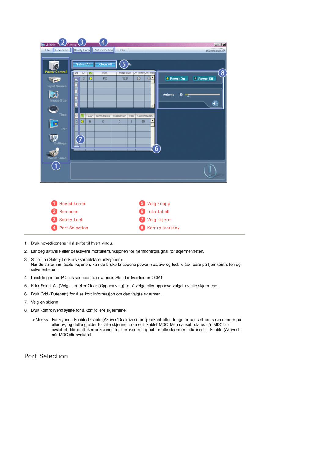 Samsung PH50KPFLBF/EN manual Port Selection, Hovedikoner, Velg knapp, Remocon, Info-tabell, Safety Lock, Velg skjerm 