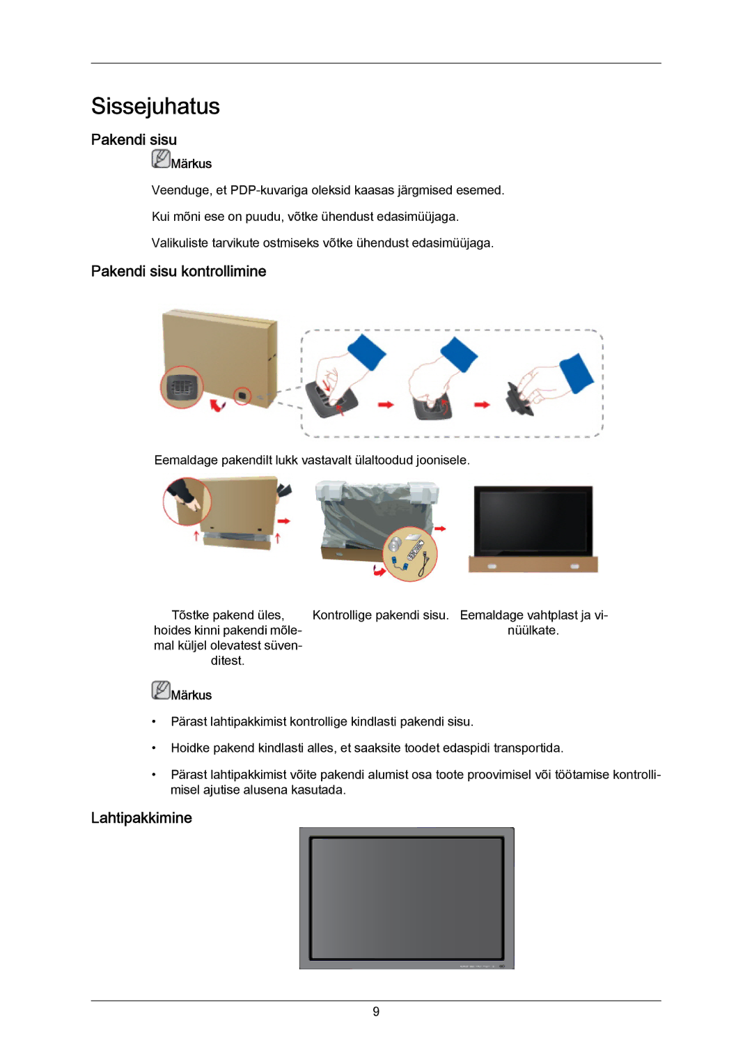 Samsung PH63KPFLBF/EN, PH50KPPLBF/EN manual Pakendi sisu kontrollimine, Lahtipakkimine 