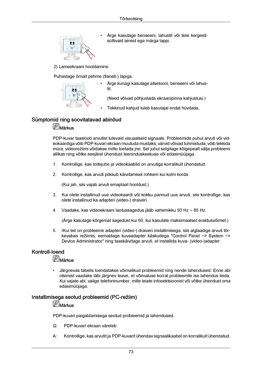 Samsung PH63KPFLBF/EN Sümptomid ning soovitatavad abinõud, Kontroll-loend, Installimisega seotud probleemid PC-režiim 