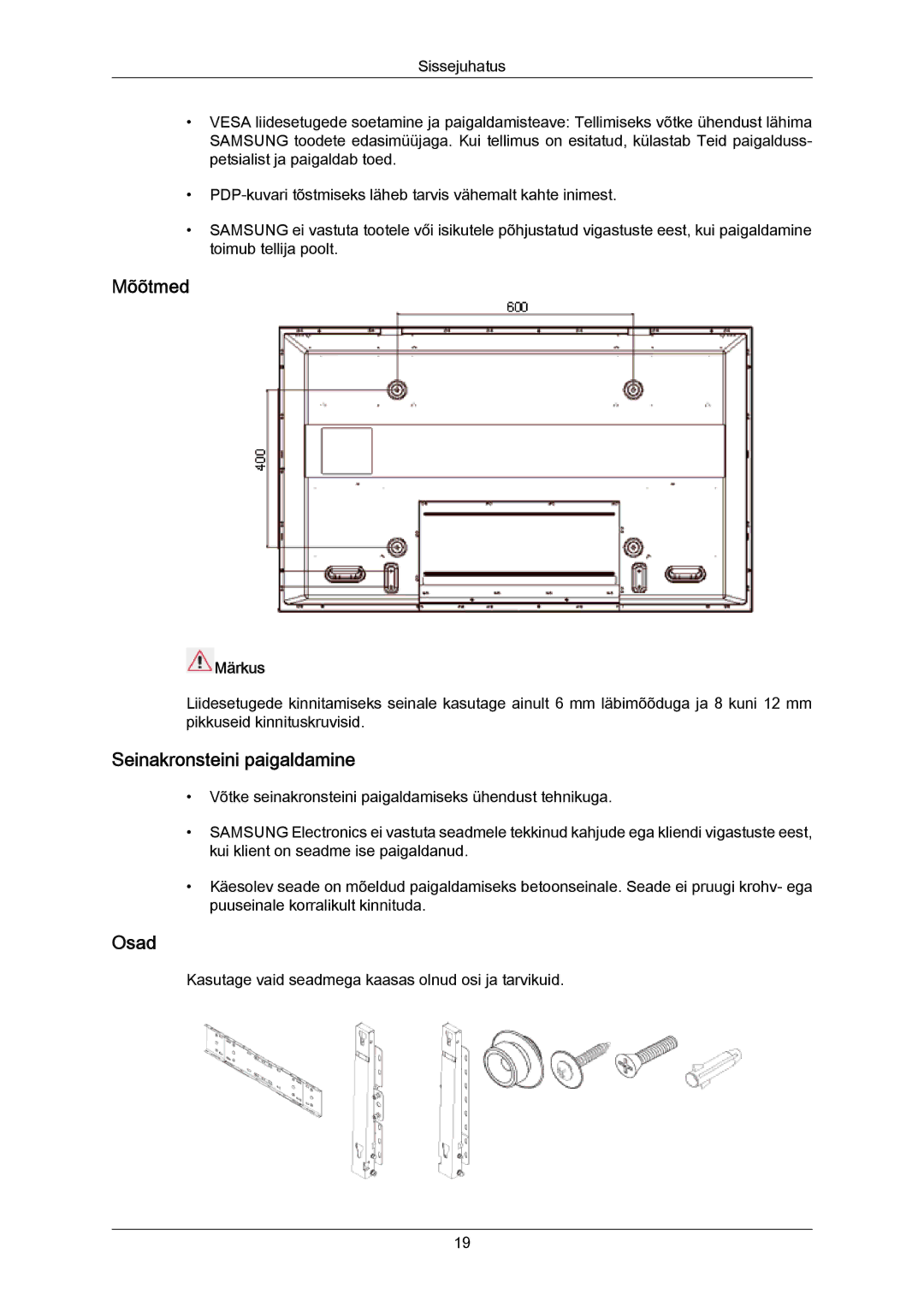 Samsung PH63KPFLBF/EN, PH50KPPLBF/EN manual Mõõtmed, Seinakronsteini paigaldamine, Osad 