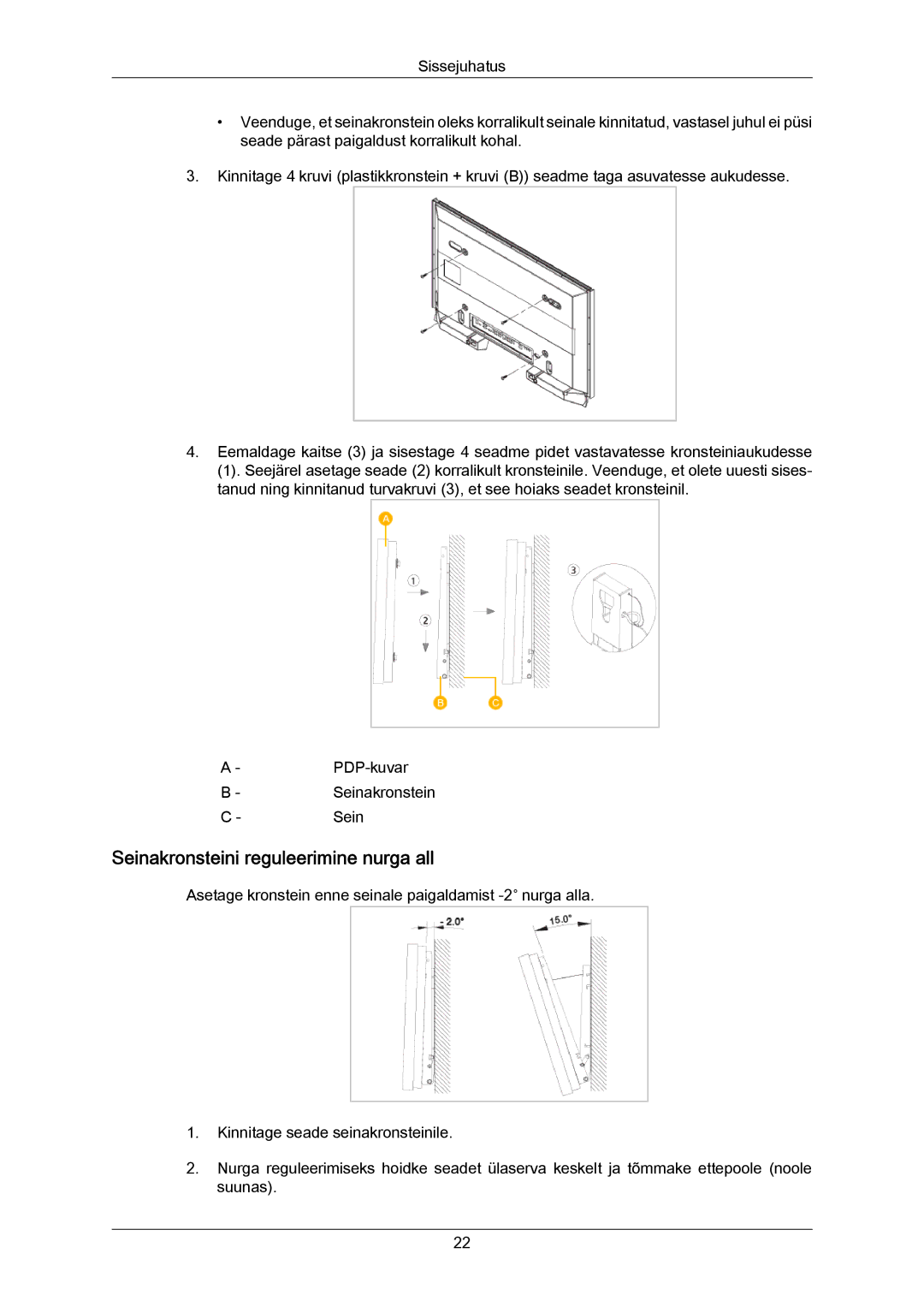 Samsung PH50KPPLBF/EN, PH63KPFLBF/EN manual Seinakronsteini reguleerimine nurga all 