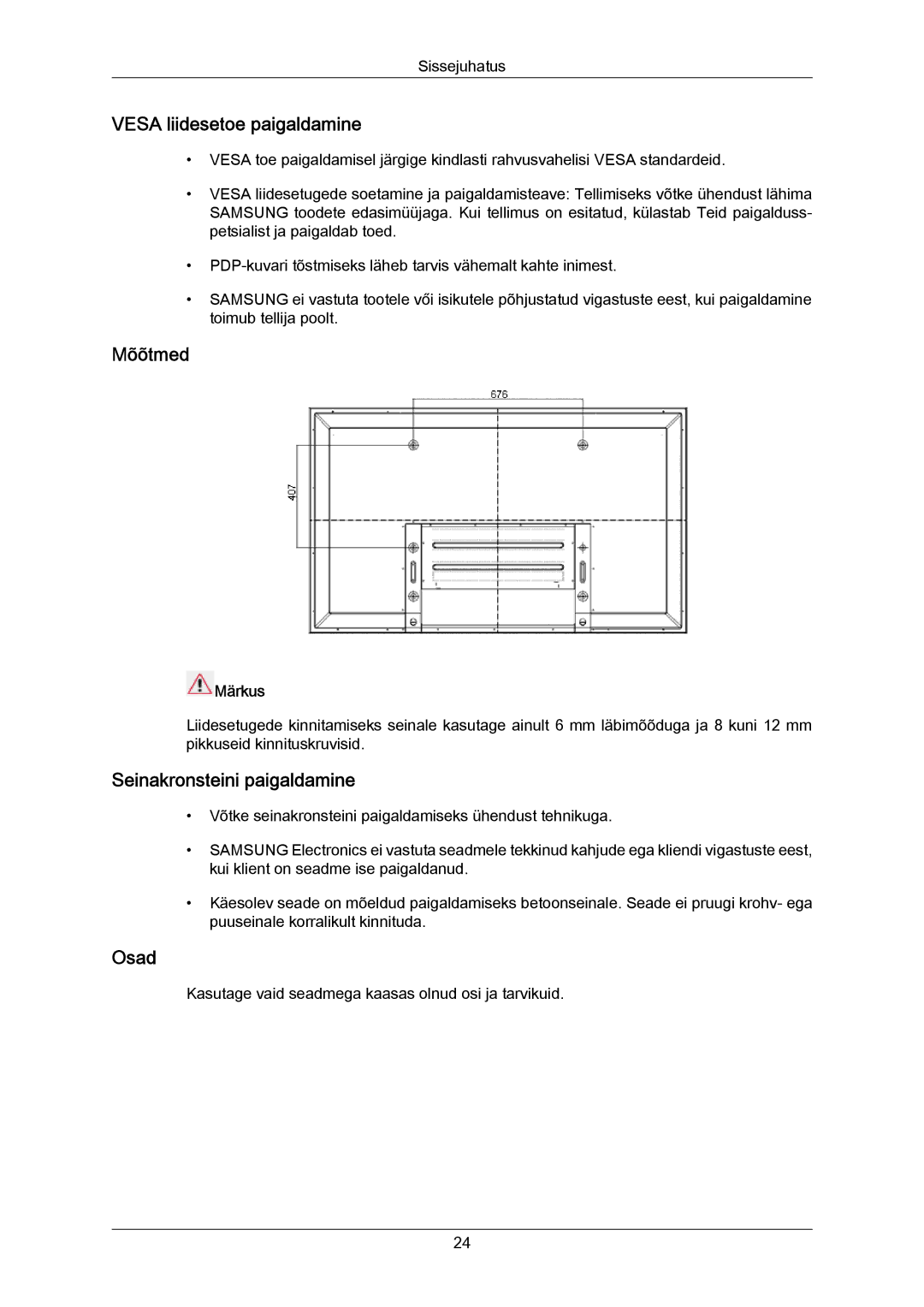 Samsung PH50KPPLBF/EN, PH63KPFLBF/EN manual Vesa liidesetoe paigaldamine 