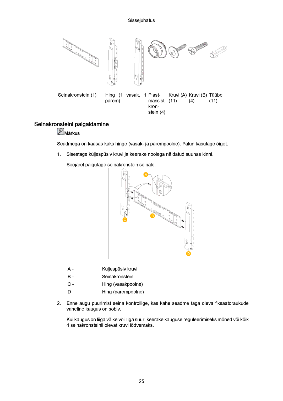 Samsung PH63KPFLBF/EN, PH50KPPLBF/EN manual Seinakronsteini paigaldamine 