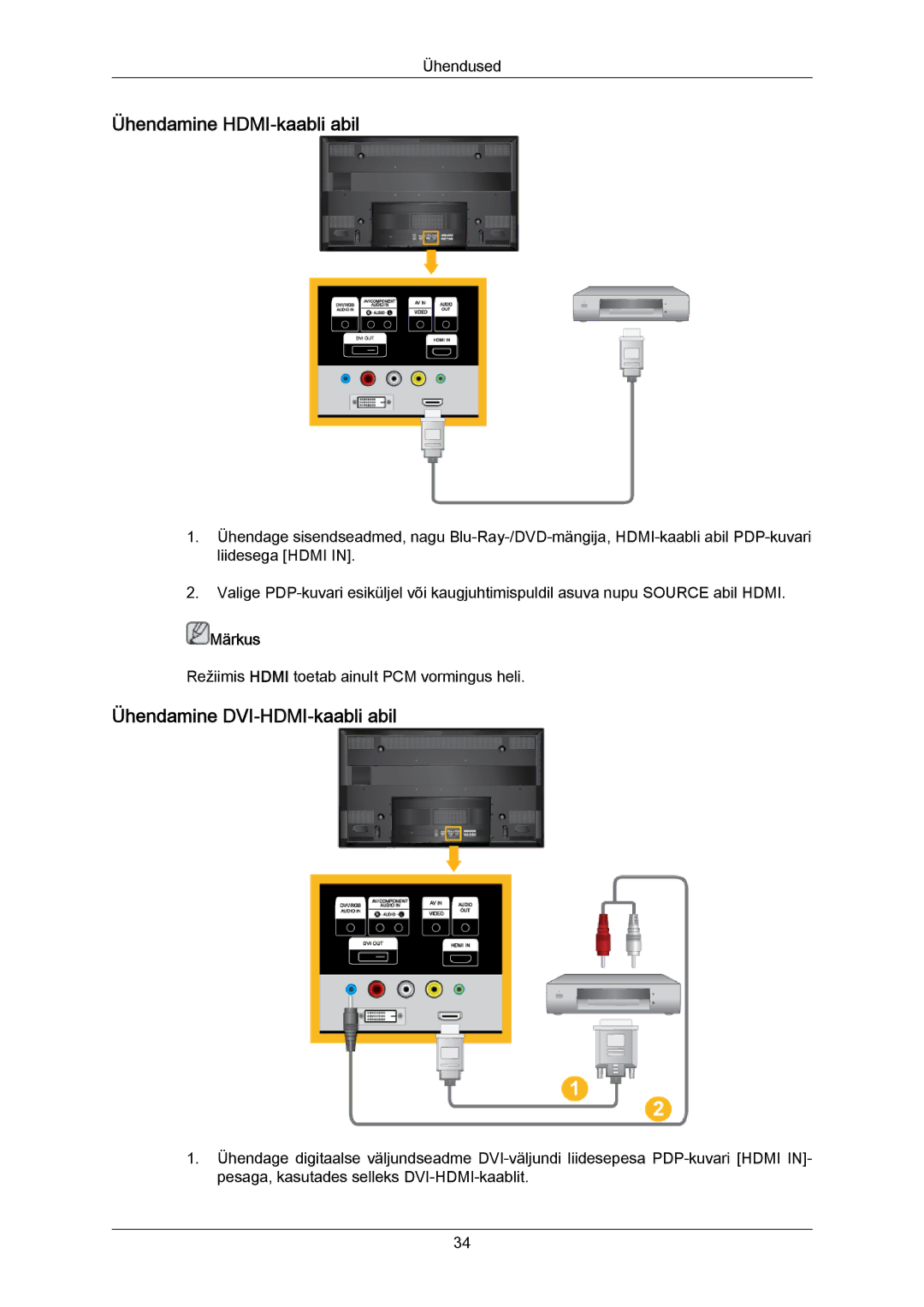 Samsung PH50KPPLBF/EN, PH63KPFLBF/EN manual Ühendamine HDMI-kaabli abil, Ühendamine DVI-HDMI-kaabli abil 