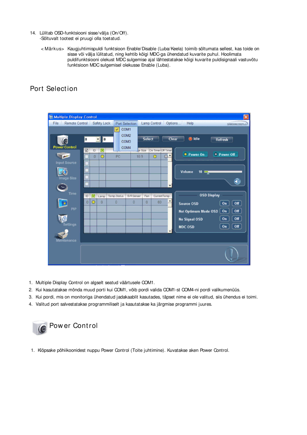 Samsung PH63KPFLBF/EN, PH50KPPLBF/EN manual Port Selection, Power Control 