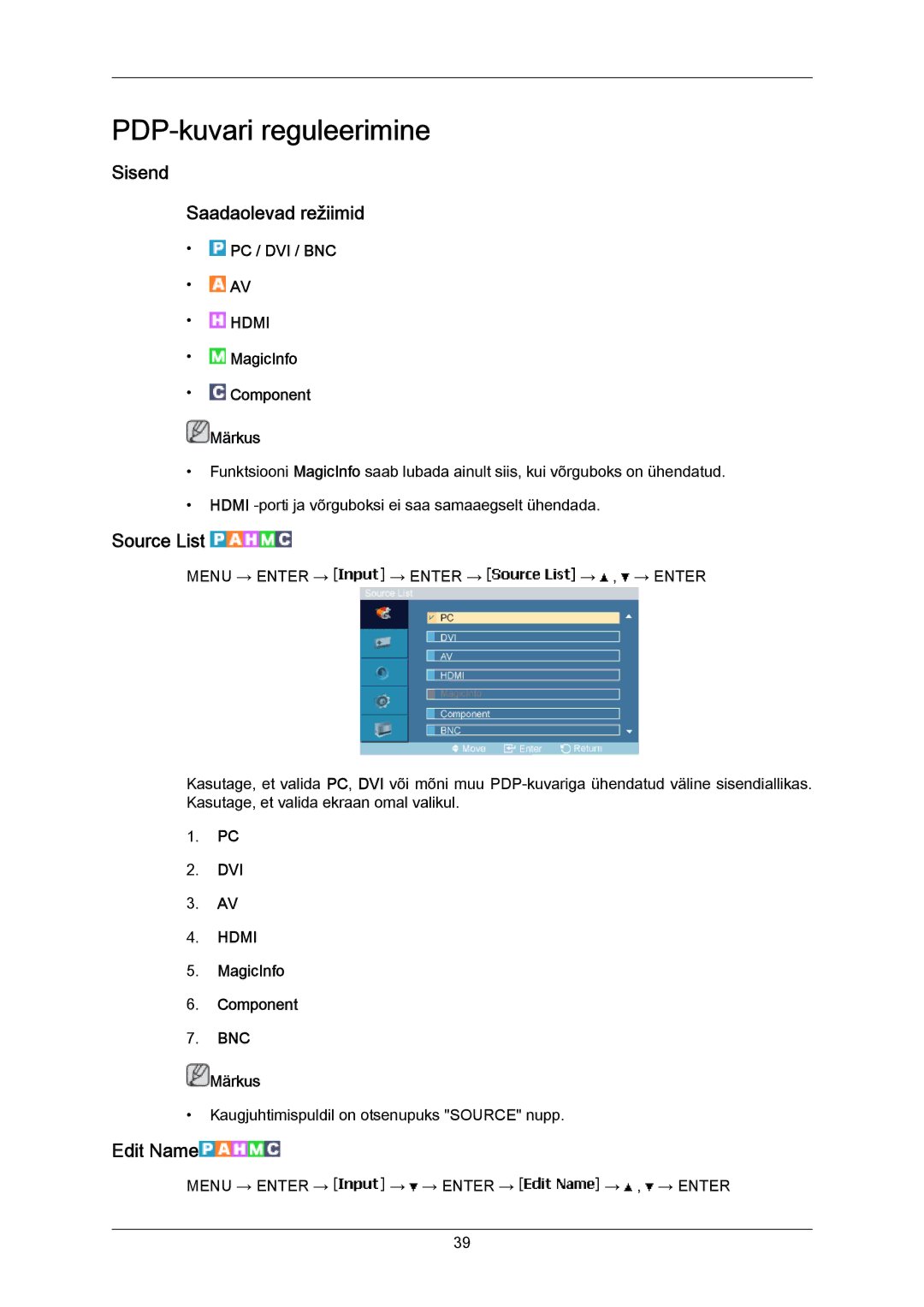 Samsung PH63KPFLBF/EN, PH50KPPLBF/EN manual Sisend Saadaolevad režiimid, Source List, Edit Name 