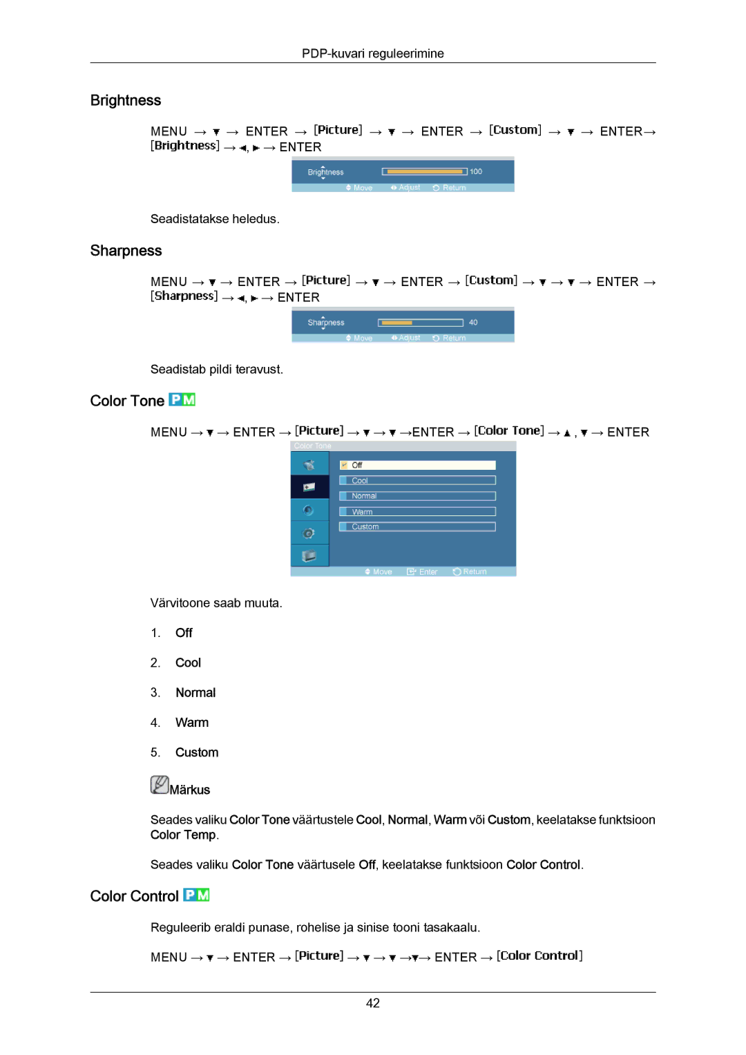 Samsung PH50KPPLBF/EN, PH63KPFLBF/EN Brightness, Sharpness, Color Tone, Color Control, Off Cool Normal Warm Custom Märkus 