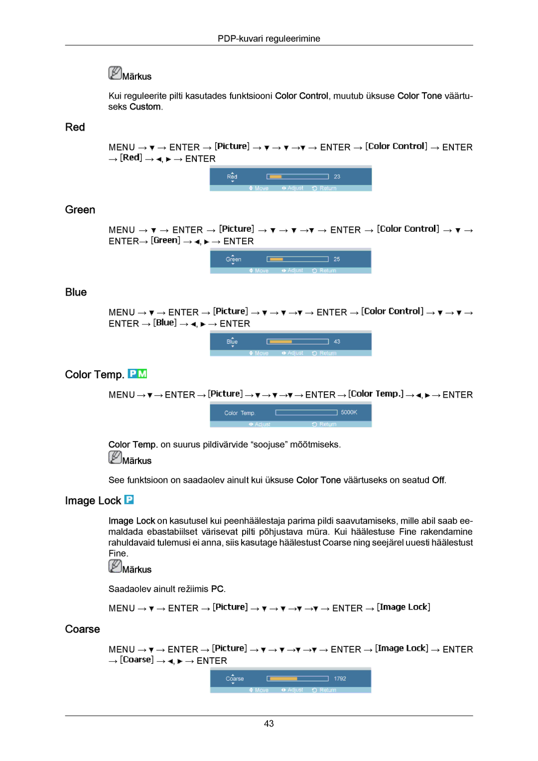 Samsung PH63KPFLBF/EN, PH50KPPLBF/EN manual Red, Green, Blue, Color Temp, Image Lock, Coarse 