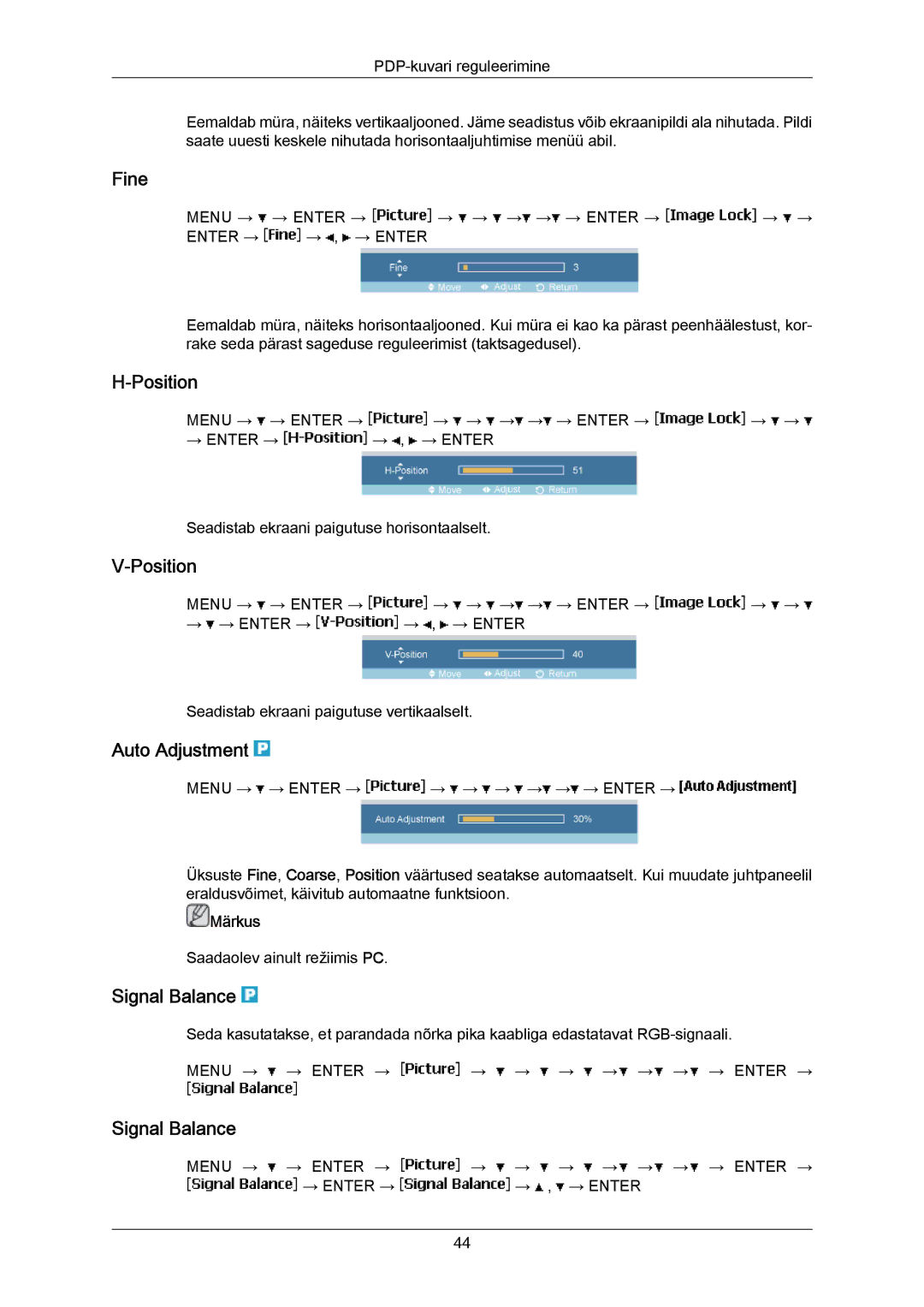 Samsung PH50KPPLBF/EN, PH63KPFLBF/EN manual Fine, Position, Auto Adjustment, Signal Balance 