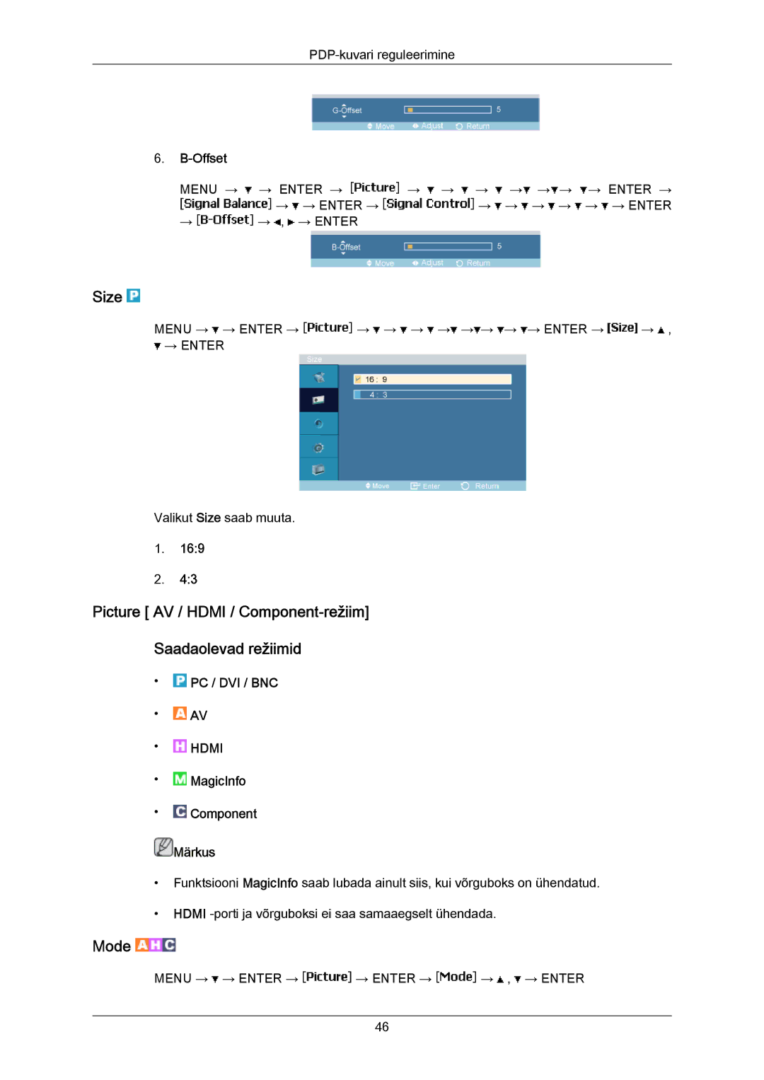 Samsung PH50KPPLBF/EN, PH63KPFLBF/EN manual Size, Picture AV / Hdmi / Component-režiim Saadaolevad režiimid, Mode 