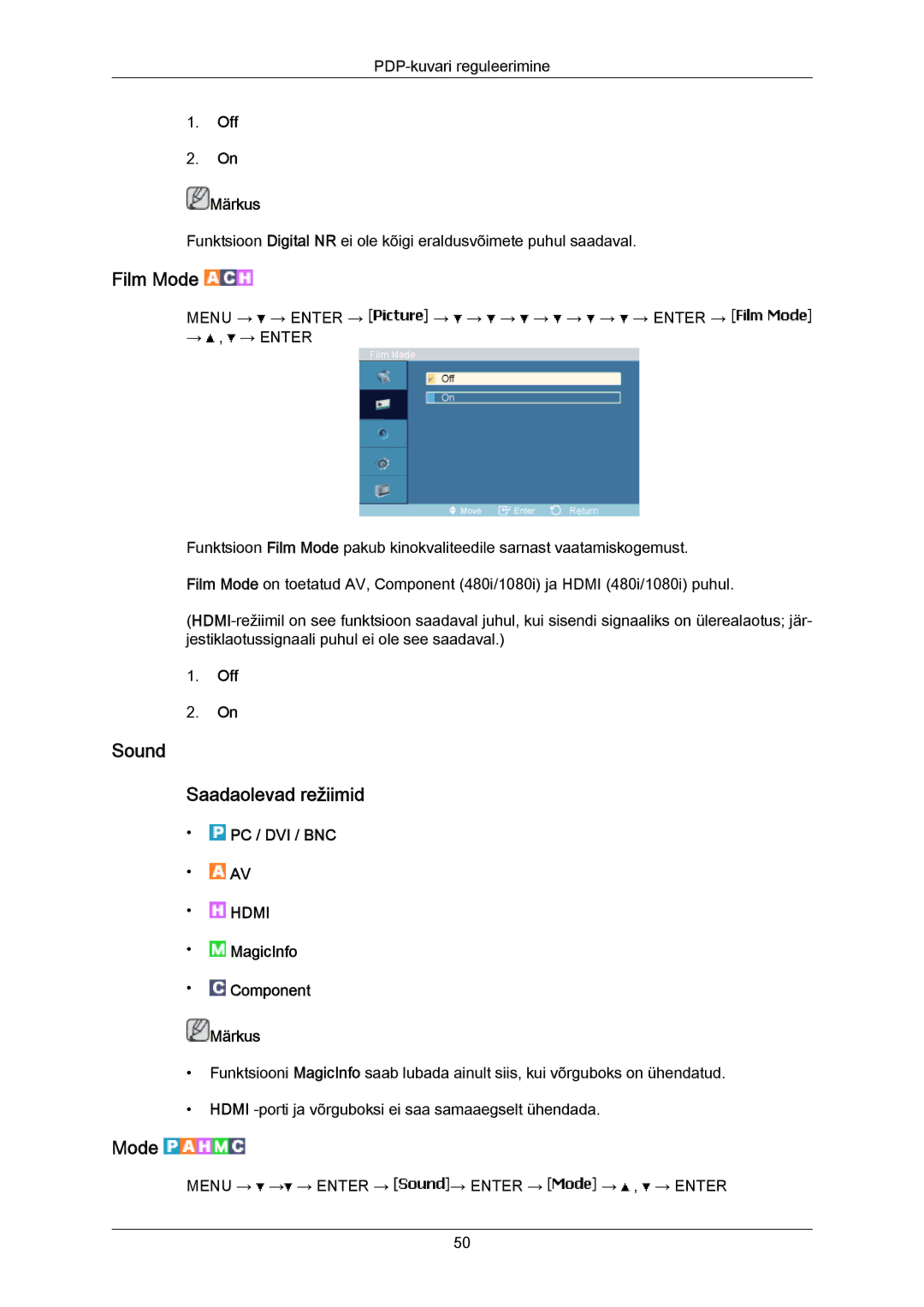 Samsung PH50KPPLBF/EN, PH63KPFLBF/EN manual Film Mode, Sound Saadaolevad režiimid, Off Märkus 