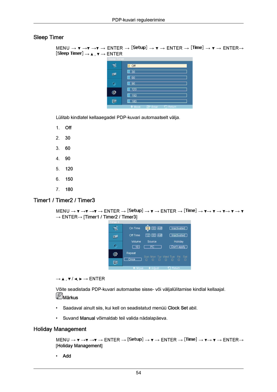 Samsung PH50KPPLBF/EN, PH63KPFLBF/EN manual Sleep Timer, Holiday Management, → ENTER→ Timer1 / Timer2 / Timer3, Add 