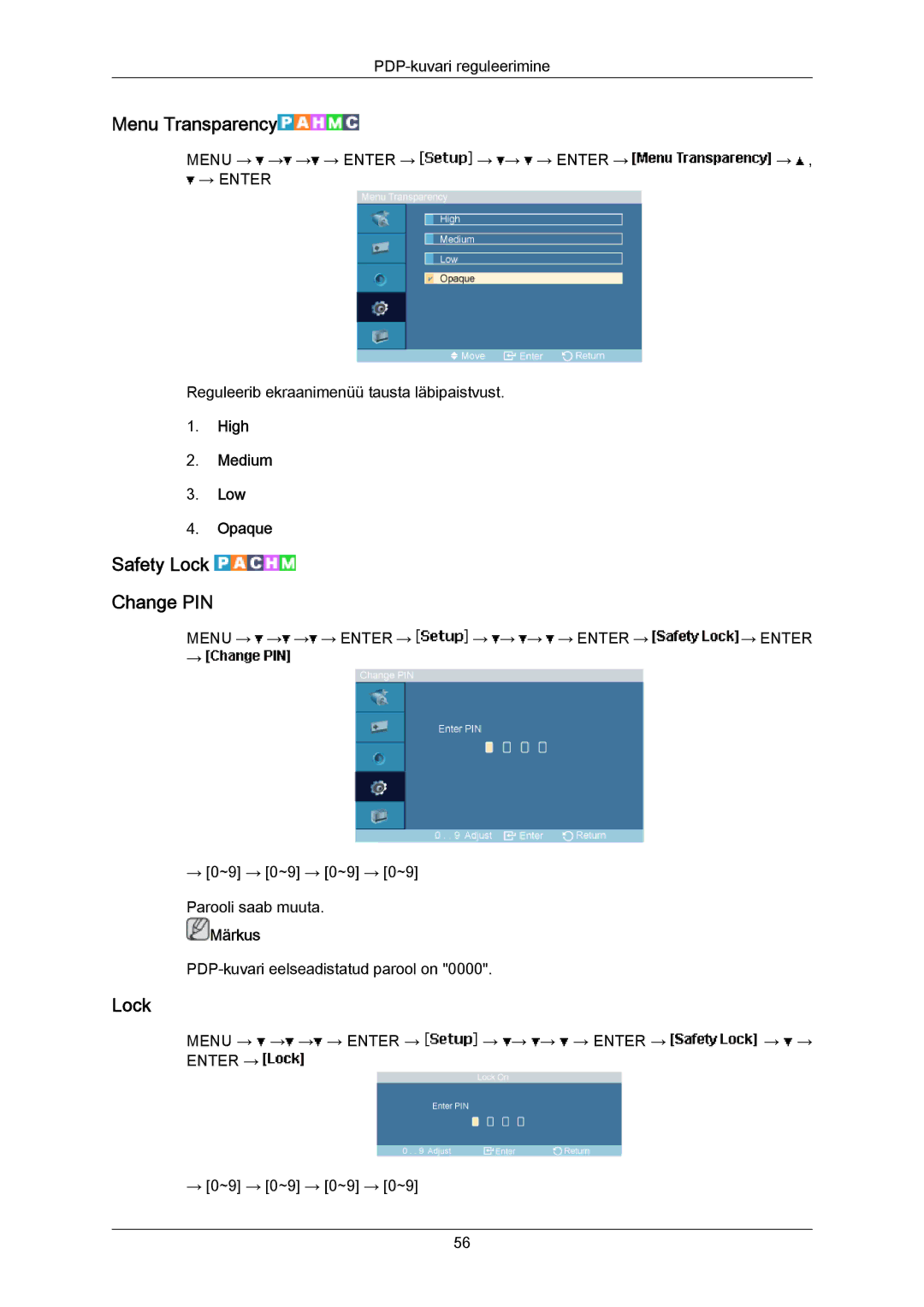 Samsung PH50KPPLBF/EN, PH63KPFLBF/EN manual Menu Transparency, Safety Lock Change PIN, High Medium Low Opaque 