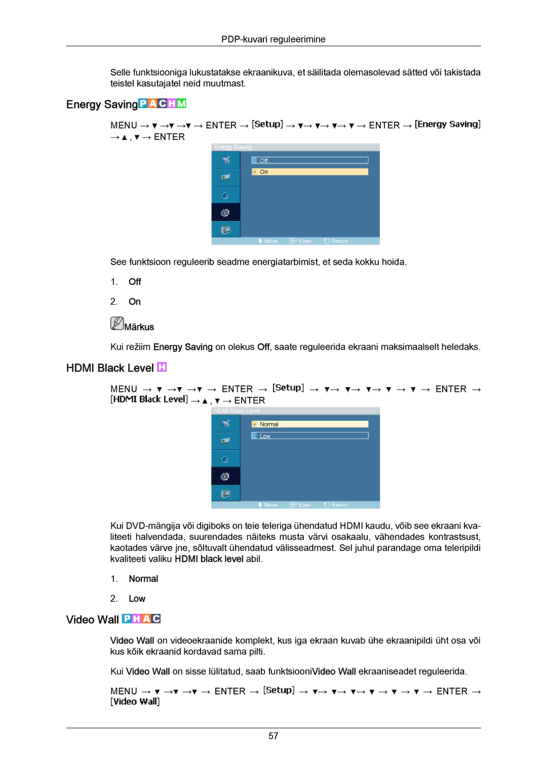 Samsung PH63KPFLBF/EN, PH50KPPLBF/EN manual Energy Saving, Hdmi Black Level, Video Wall, Normal Low 