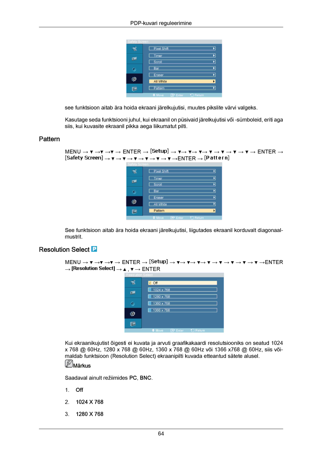 Samsung PH50KPPLBF/EN, PH63KPFLBF/EN manual Pattern, Resolution Select, Off 1024 X 1280 X 