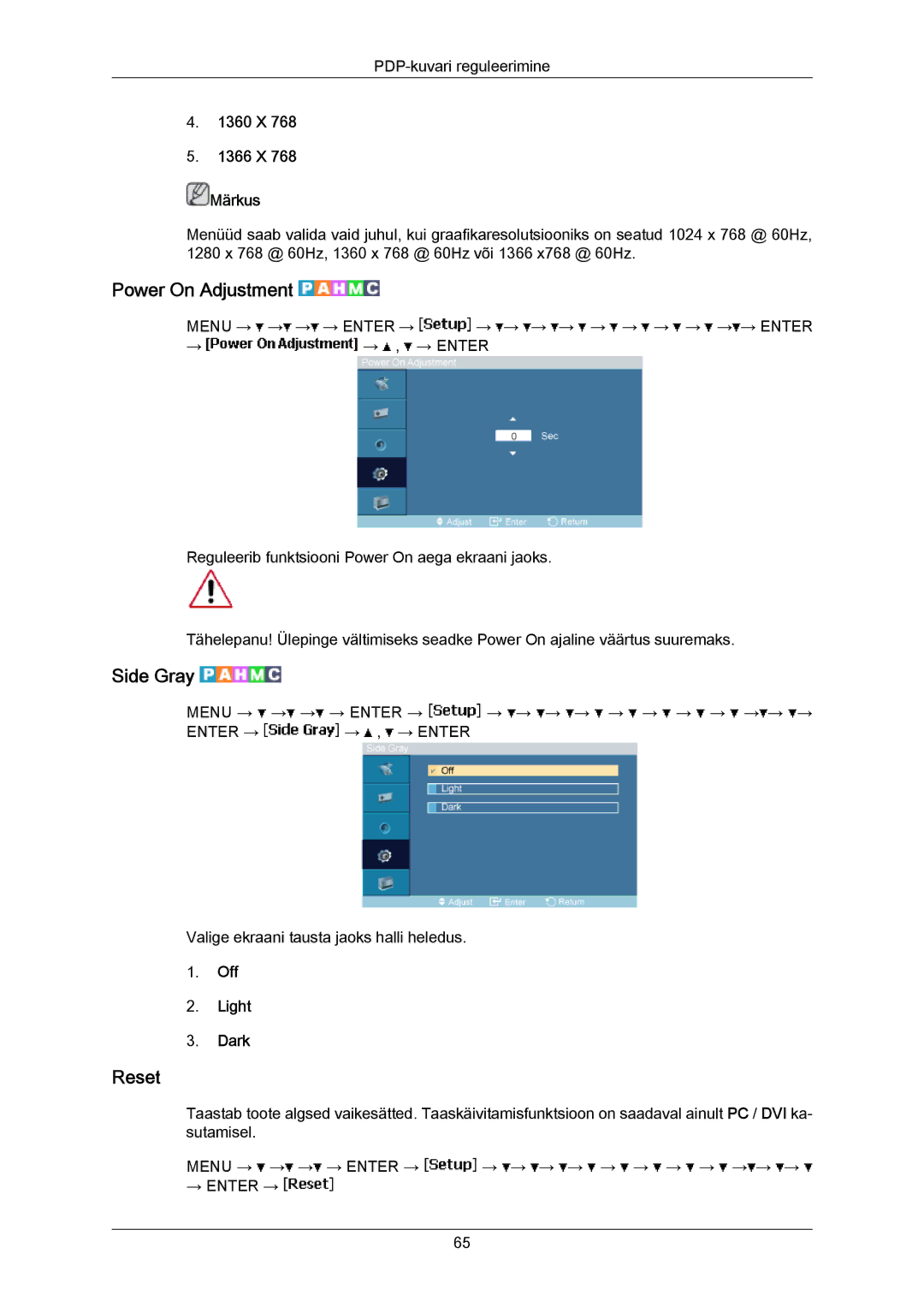 Samsung PH63KPFLBF/EN, PH50KPPLBF/EN manual Power On Adjustment, Side Gray, Reset, 1360 X 1366 X Märkus, Off Light Dark 