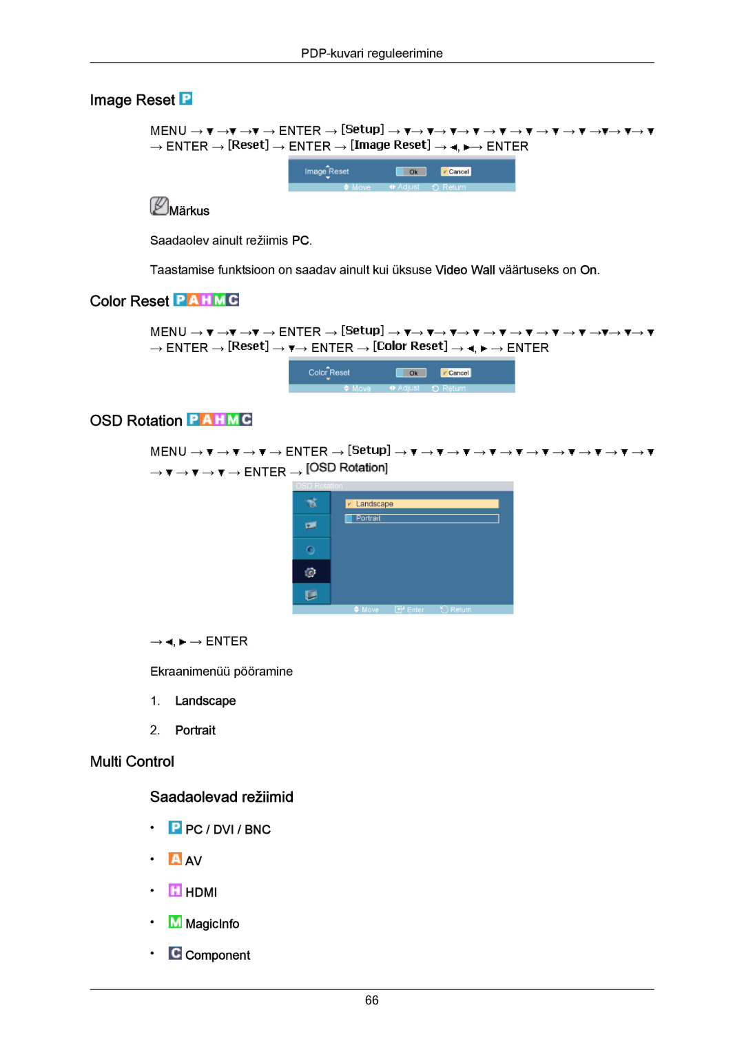 Samsung PH50KPPLBF/EN, PH63KPFLBF/EN manual Image Reset, Color Reset, OSD Rotation, Multi Control Saadaolevad režiimid 