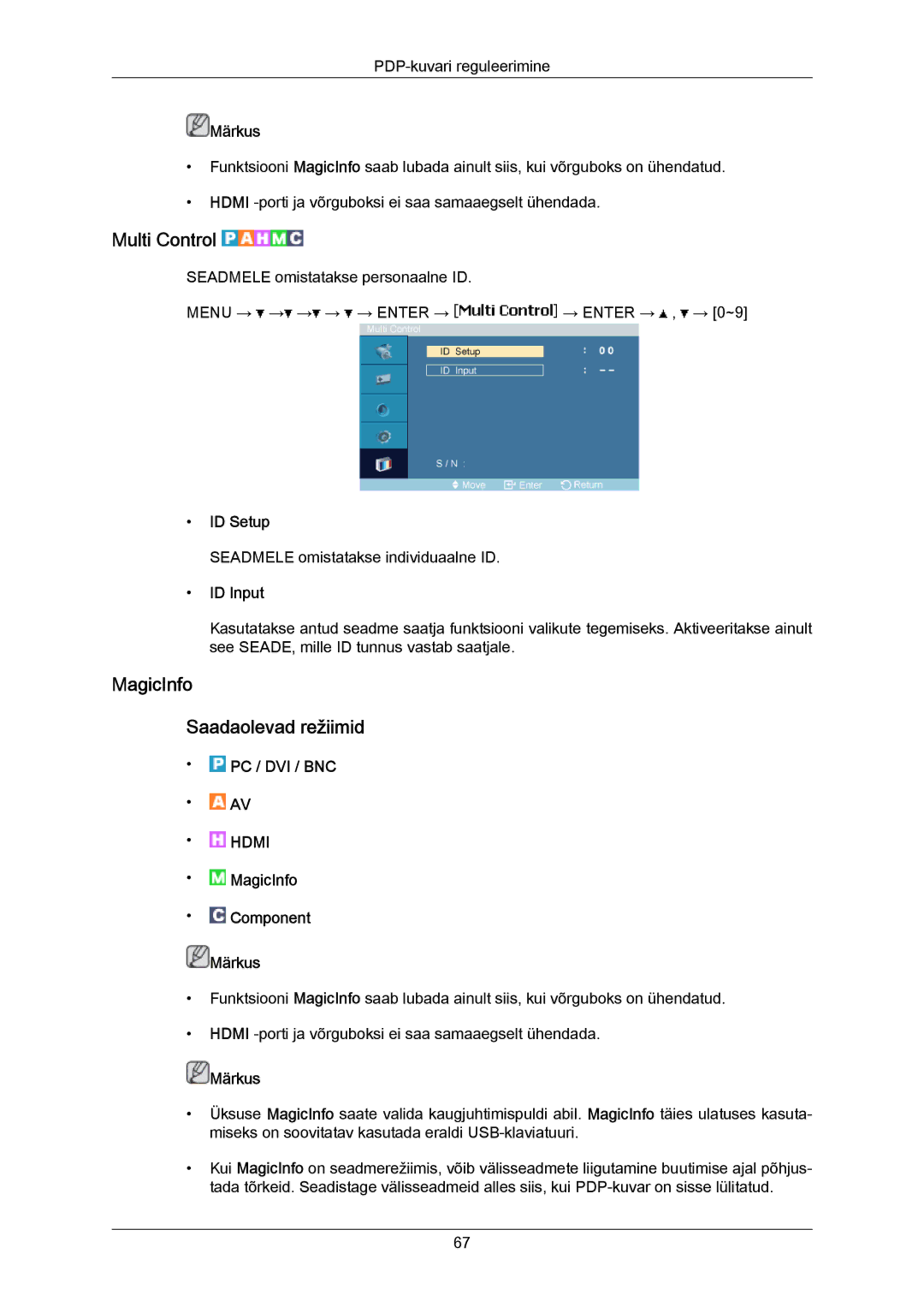 Samsung PH63KPFLBF/EN, PH50KPPLBF/EN manual Multi Control, MagicInfo Saadaolevad režiimid, ID Setup, ID Input 