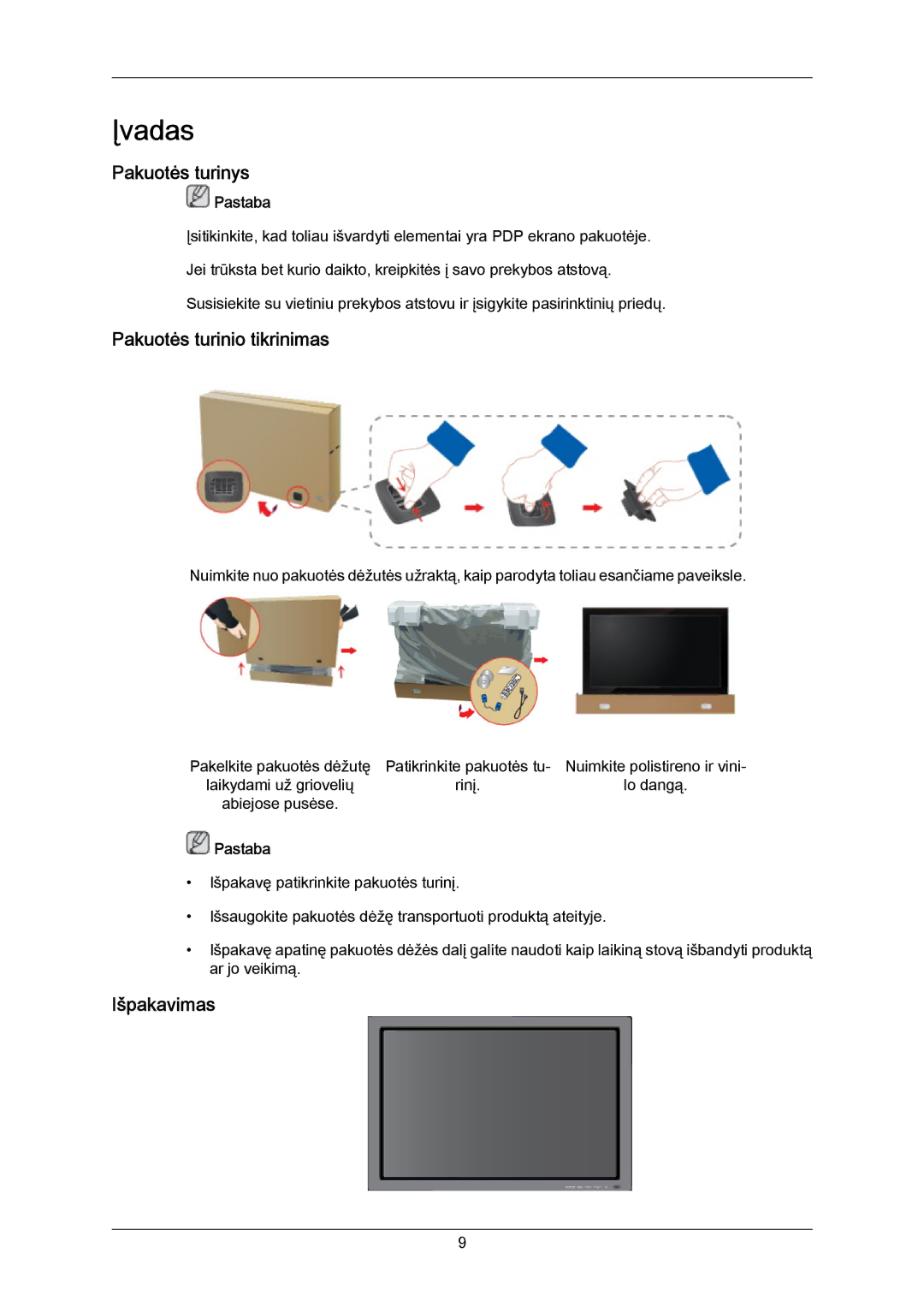 Samsung PH63KPFLBF/EN, PH50KPPLBF/EN manual Pakuotės turinys, Pakuotės turinio tikrinimas, Išpakavimas 