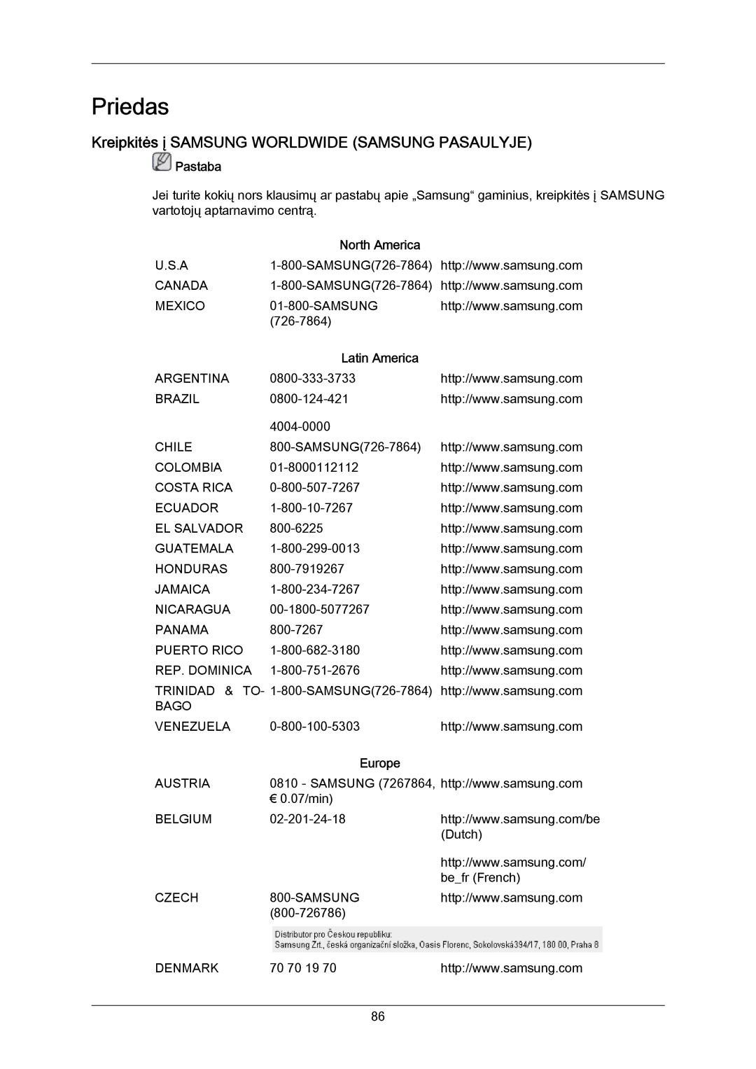 Samsung PH50KPPLBF/EN manual Kreipkitės į Samsung Worldwide Samsung Pasaulyje, North America, Latin America, Europe 