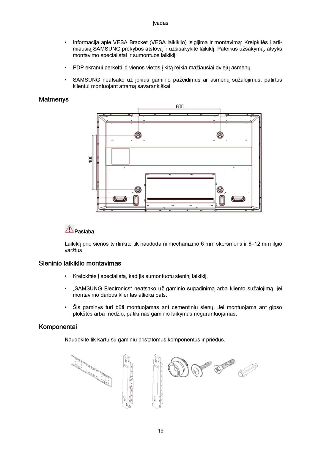 Samsung PH63KPFLBF/EN, PH50KPPLBF/EN manual Matmenys, Sieninio laikiklio montavimas, Komponentai 