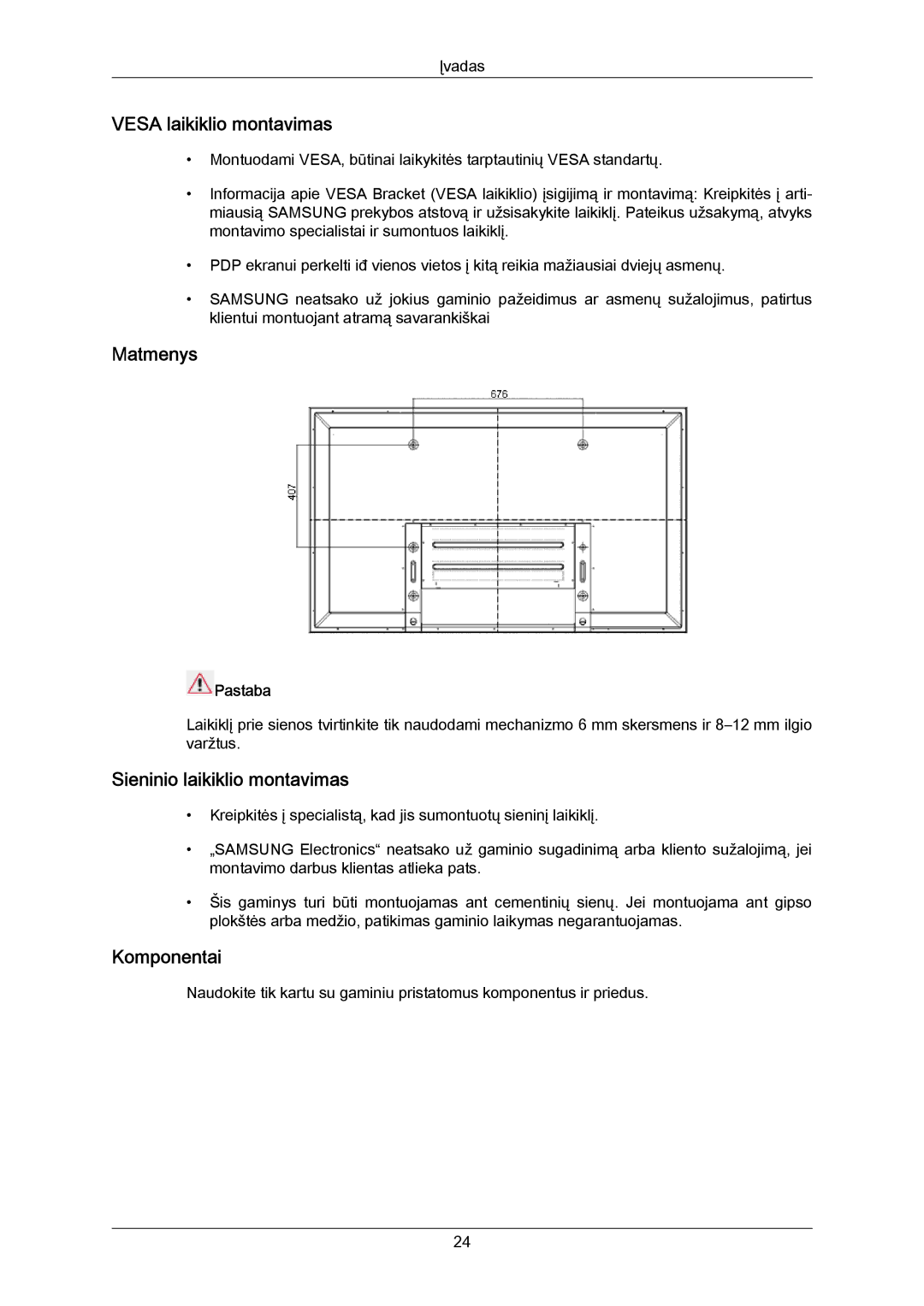 Samsung PH50KPPLBF/EN, PH63KPFLBF/EN manual Vesa laikiklio montavimas 