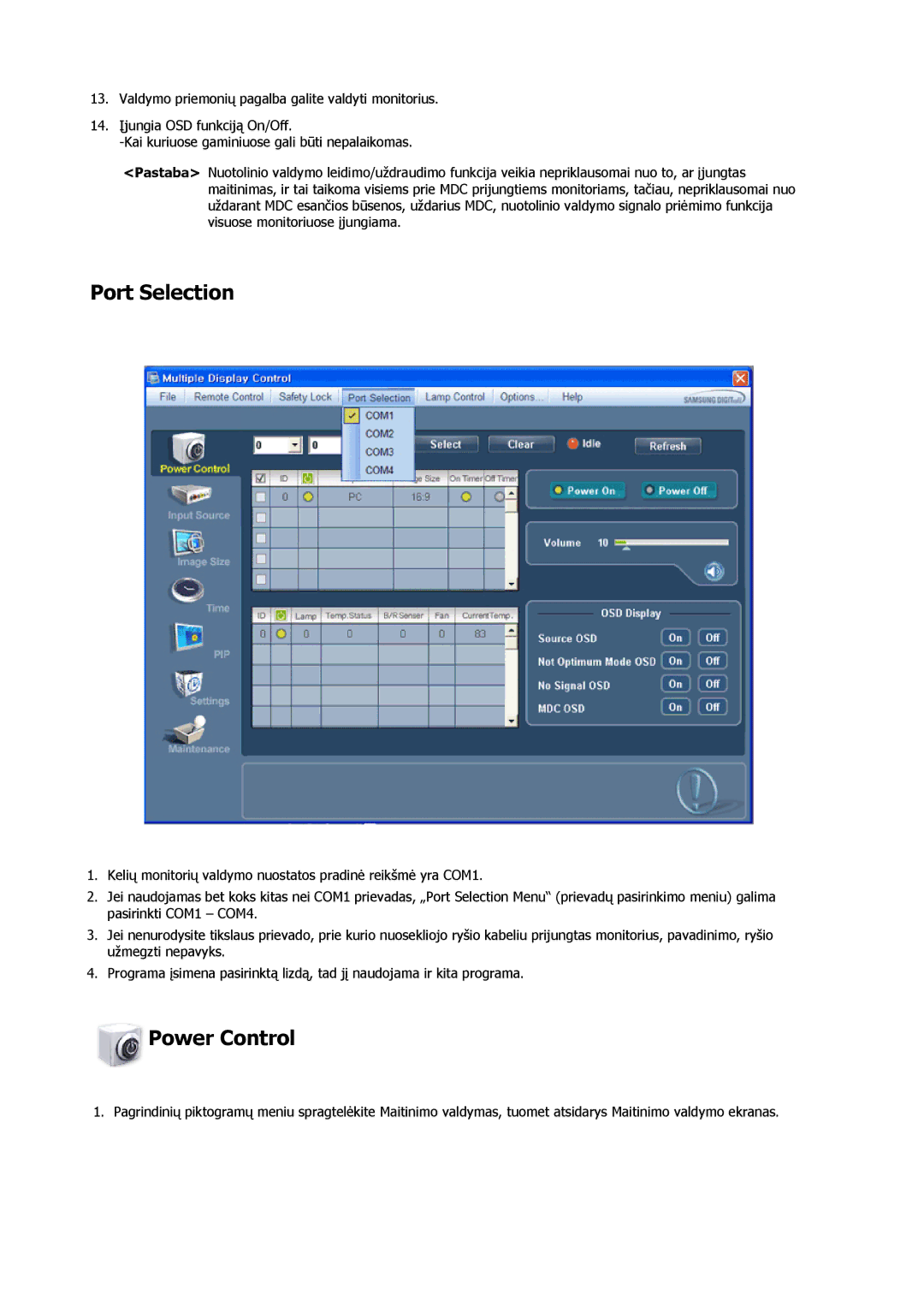 Samsung PH63KPFLBF/EN, PH50KPPLBF/EN manual Port Selection, Power Control 