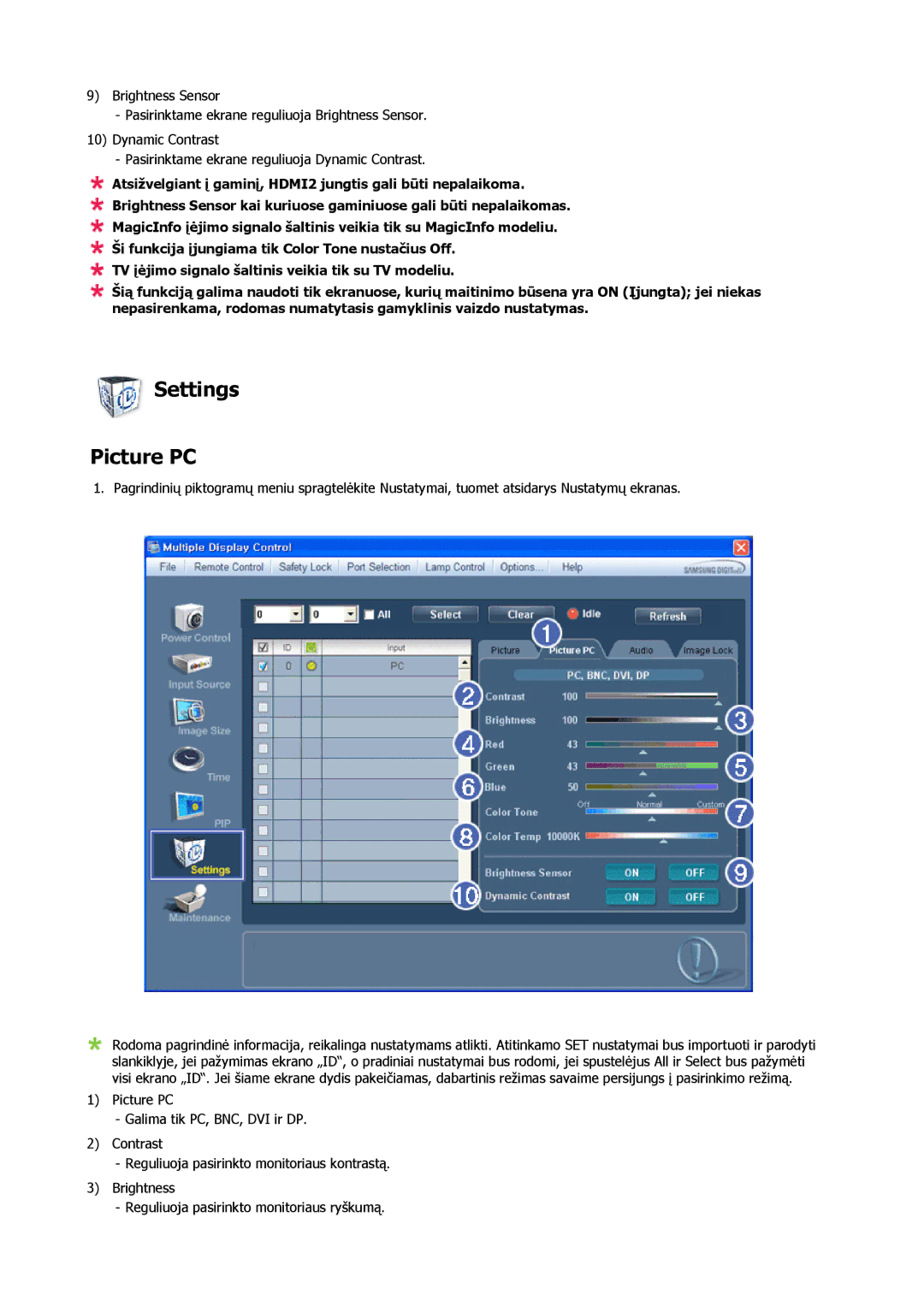 Samsung PH63KPFLBF/EN, PH50KPPLBF/EN manual Settings Picture PC 