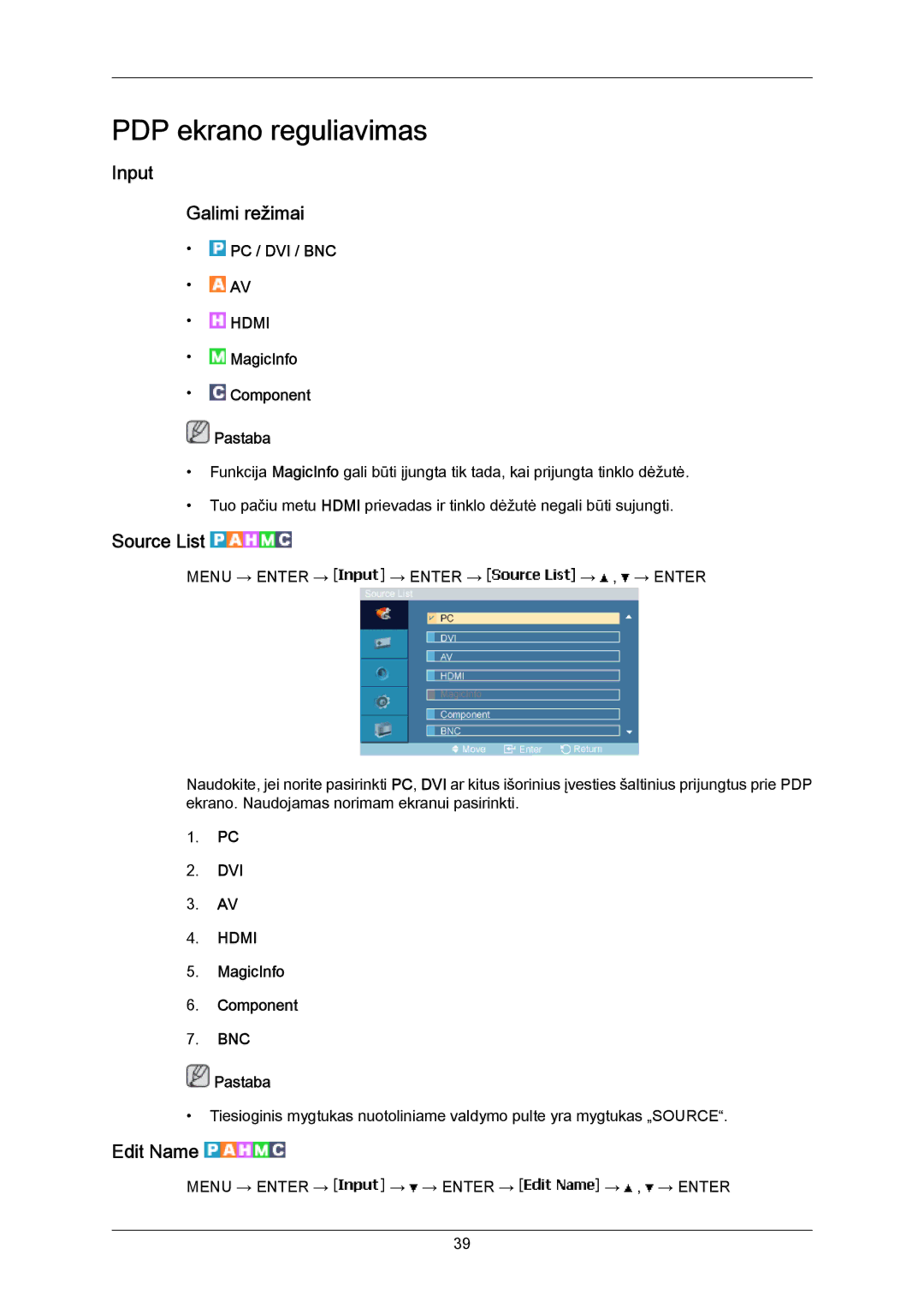 Samsung PH63KPFLBF/EN, PH50KPPLBF/EN manual Input Galimi režimai, Source List, Edit Name 