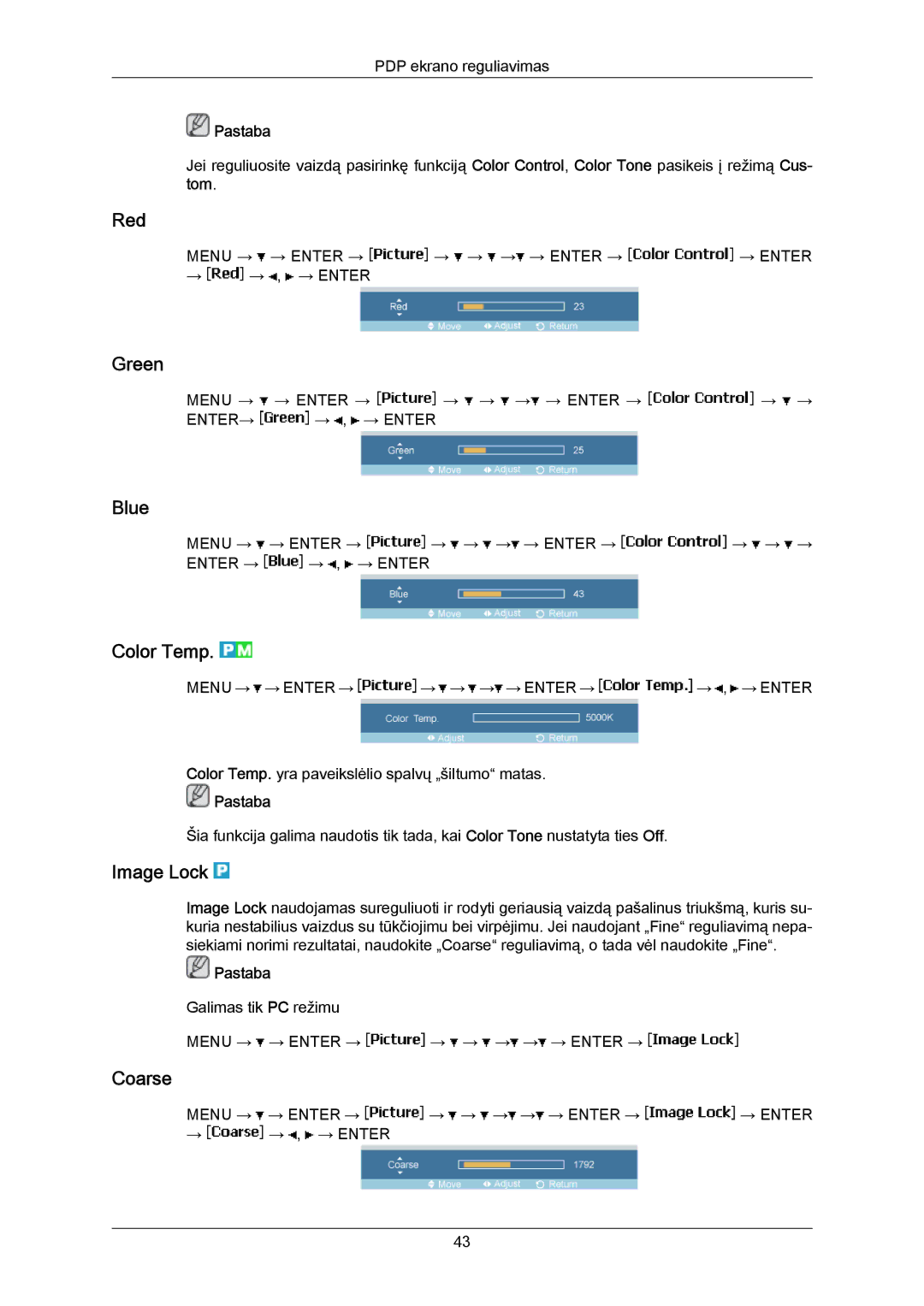 Samsung PH63KPFLBF/EN, PH50KPPLBF/EN manual Red, Green, Blue, Color Temp, Image Lock, Coarse 