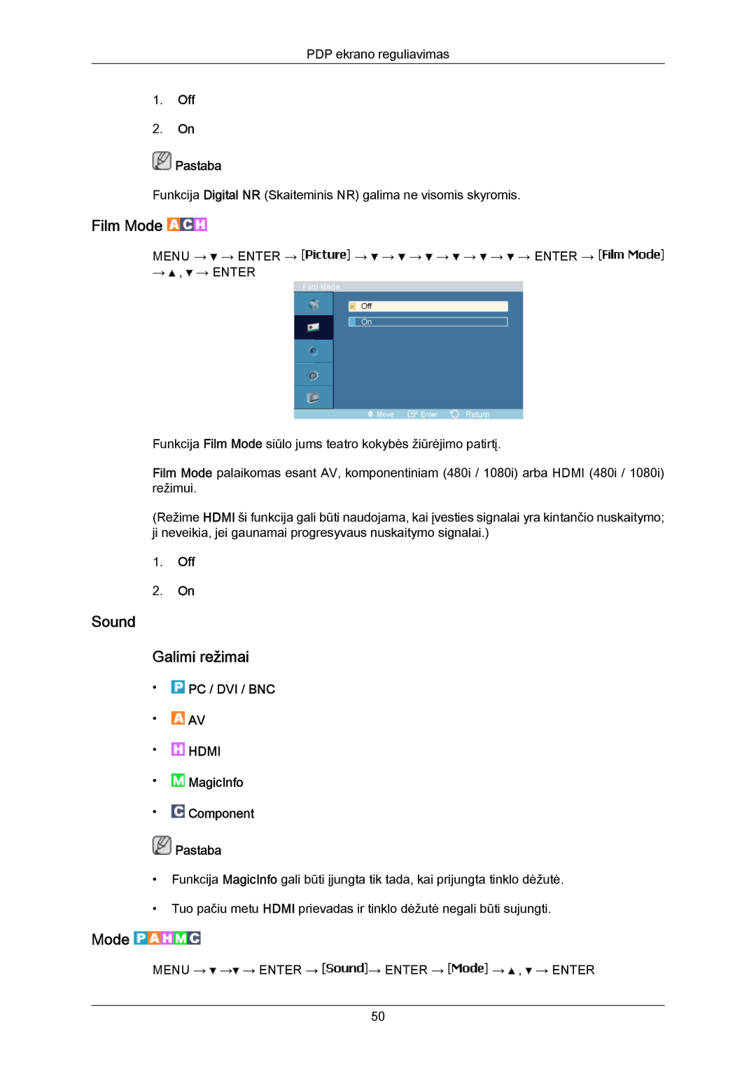 Samsung PH50KPPLBF/EN, PH63KPFLBF/EN manual Film Mode, Sound Galimi režimai, Off Pastaba 