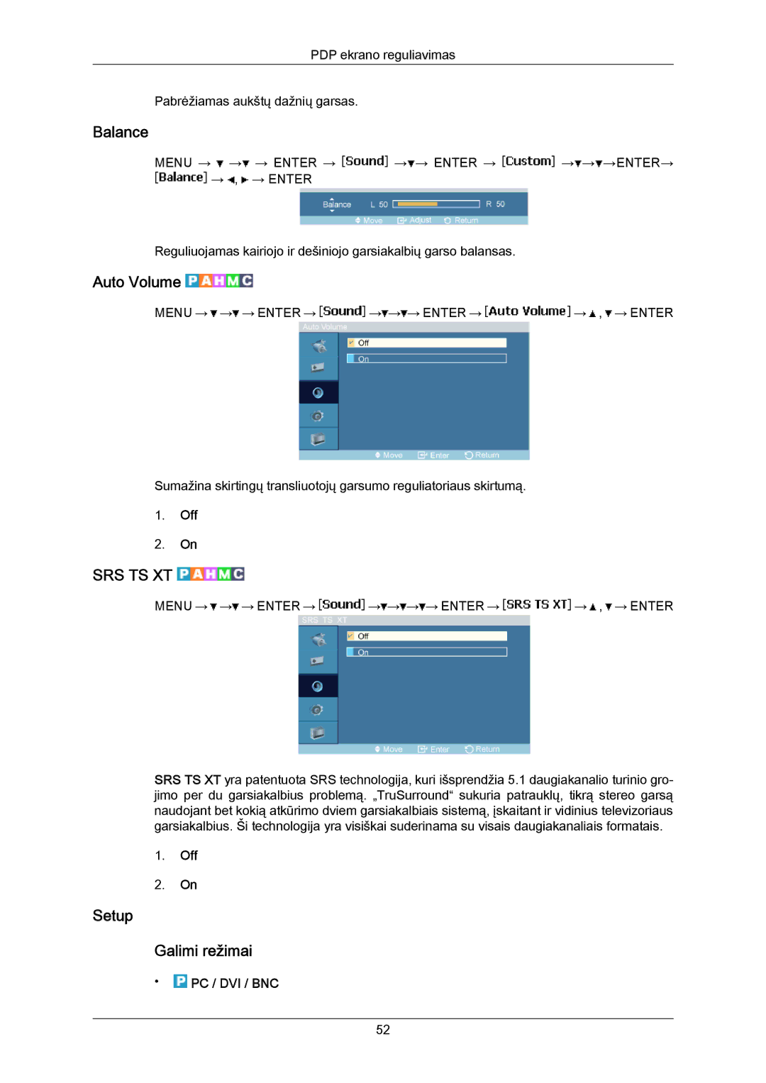Samsung PH50KPPLBF/EN, PH63KPFLBF/EN manual Balance, Auto Volume, Setup Galimi režimai 