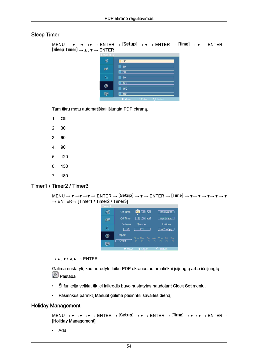 Samsung PH50KPPLBF/EN, PH63KPFLBF/EN manual Sleep Timer, Holiday Management, → ENTER→ Timer1 / Timer2 / Timer3, Add 