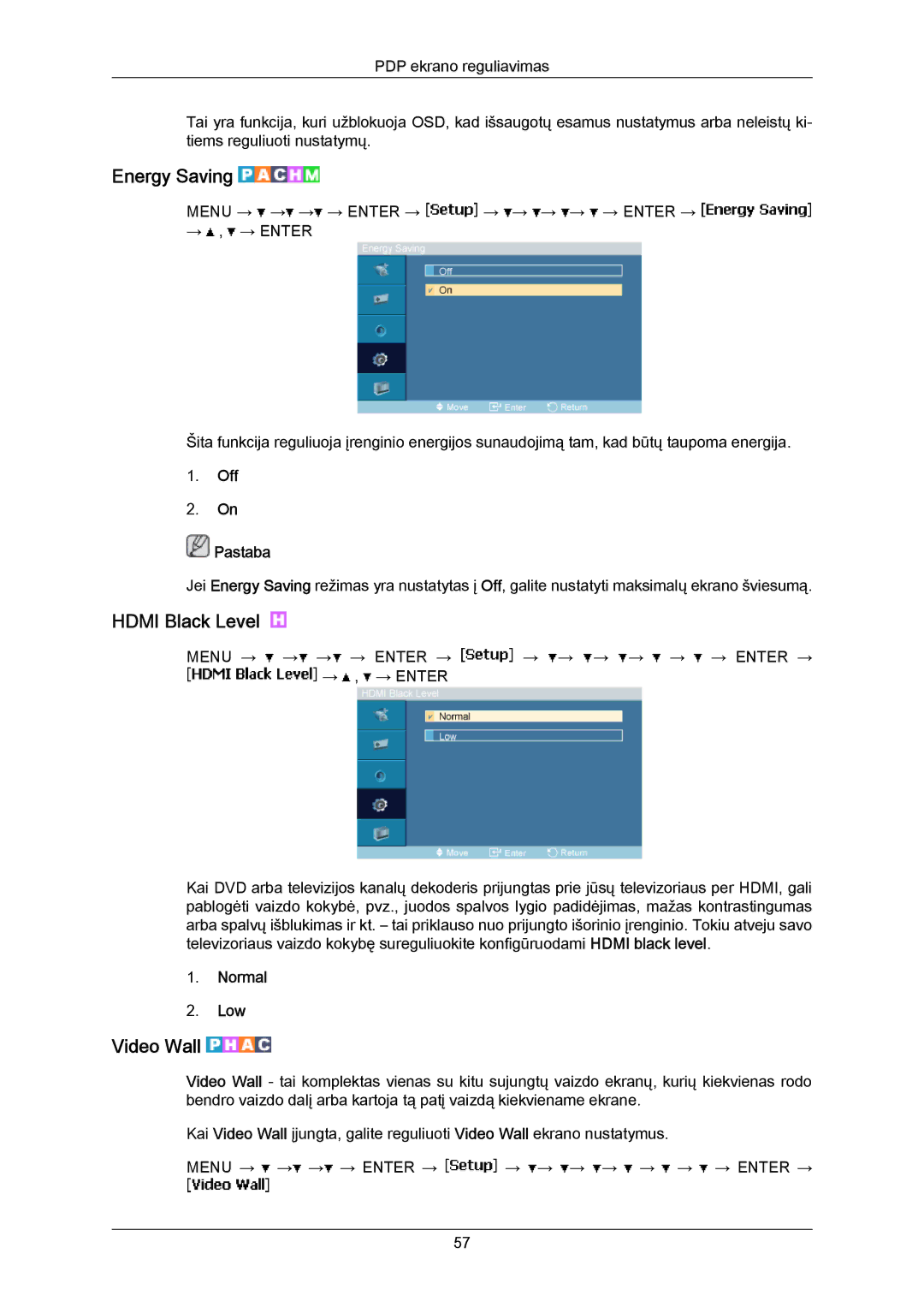 Samsung PH63KPFLBF/EN, PH50KPPLBF/EN manual Energy Saving, Hdmi Black Level, Video Wall, Normal Low 