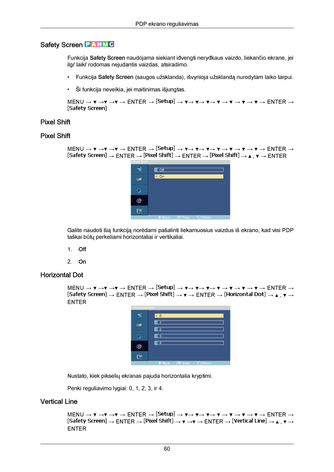 Samsung PH50KPPLBF/EN, PH63KPFLBF/EN manual Safety Screen, Pixel Shift, Horizontal Dot, Vertical Line 