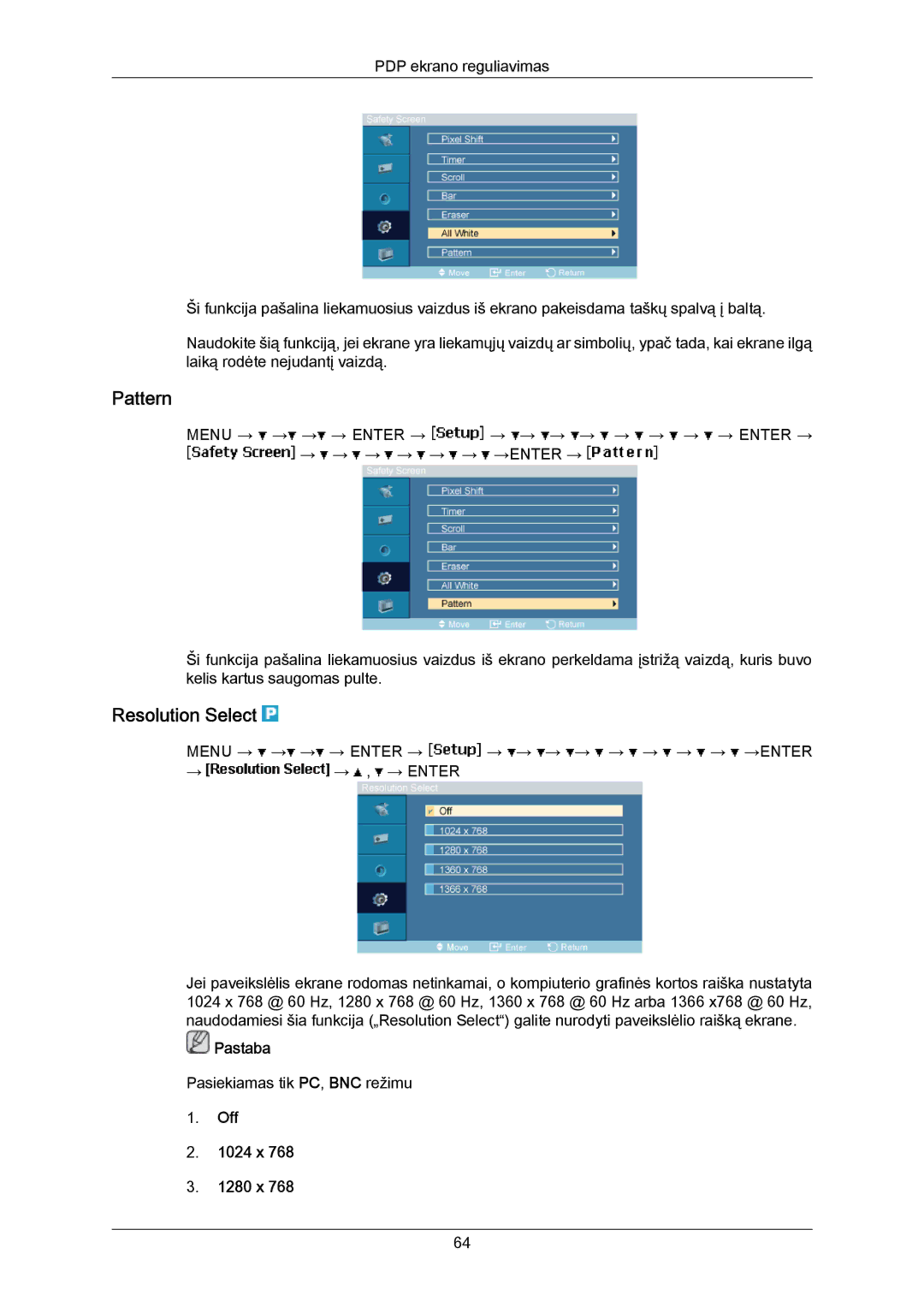 Samsung PH50KPPLBF/EN, PH63KPFLBF/EN manual Pattern, Resolution Select, Off 1024 x 1280 x 