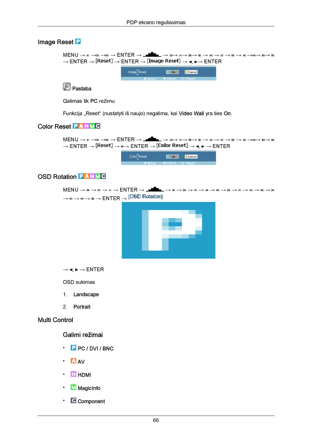 Samsung PH50KPPLBF/EN, PH63KPFLBF/EN manual Image Reset, Color Reset, OSD Rotation, Multi Control Galimi režimai 