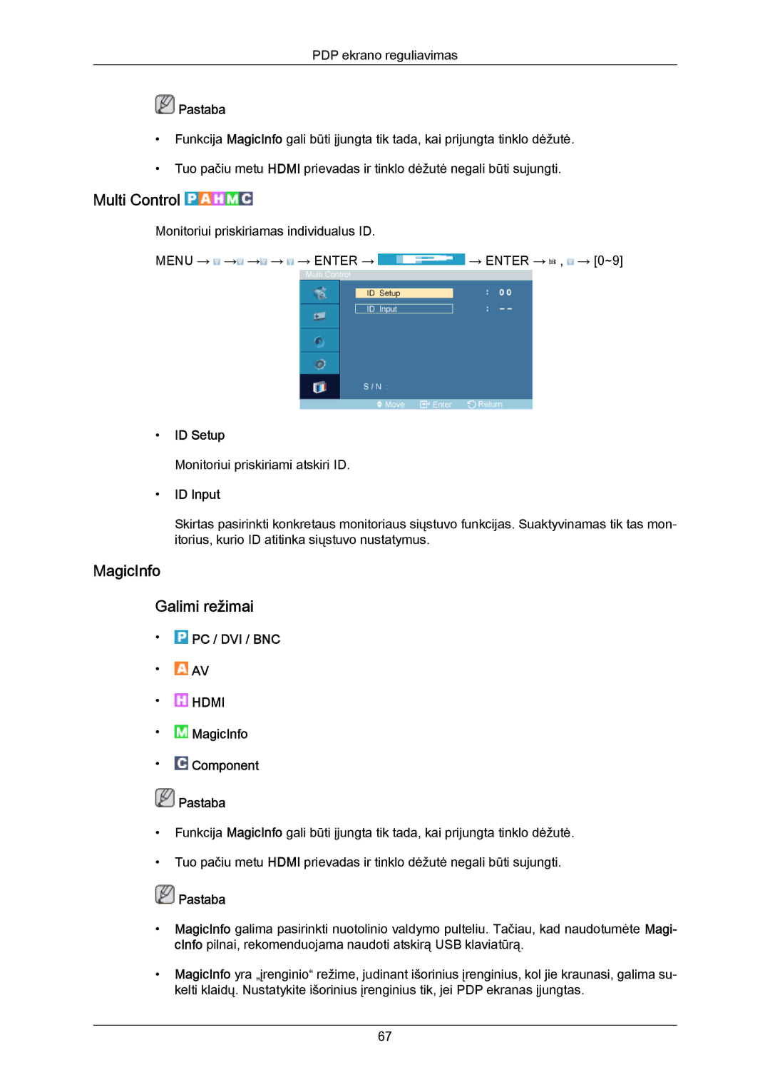Samsung PH63KPFLBF/EN, PH50KPPLBF/EN manual Multi Control, MagicInfo Galimi režimai, ID Setup, ID Input 