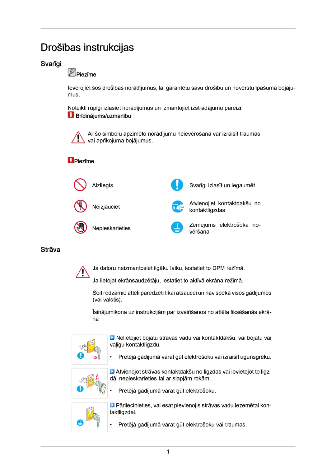 Samsung PH63KPFLBF/EN, PH50KPPLBF/EN manual Svarīgi, Strāva, Piezīme, Brīdinājums/uzmanību 