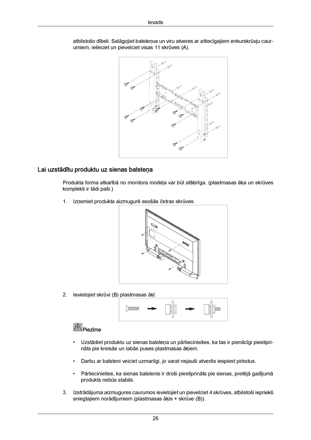 Samsung PH50KPPLBF/EN, PH63KPFLBF/EN manual Lai uzstādītu produktu uz sienas balsteņa 