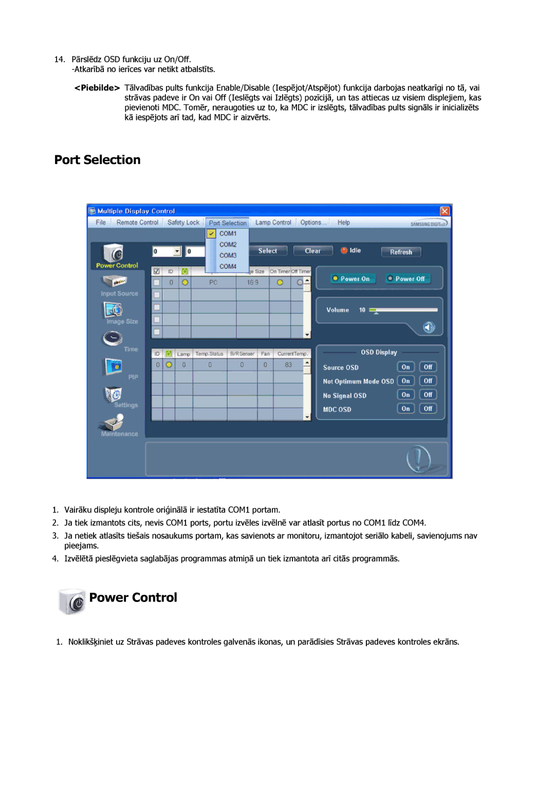 Samsung PH63KPFLBF/EN, PH50KPPLBF/EN manual Port Selection, Power Control 